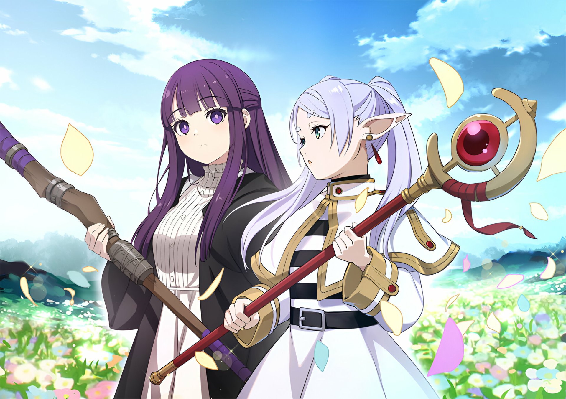 Anime HD PC wallpaper featuring Fern and Frieren from Frieren: Beyond Journey's End, standing in a vibrant field with magic staffs under a bright sky.
