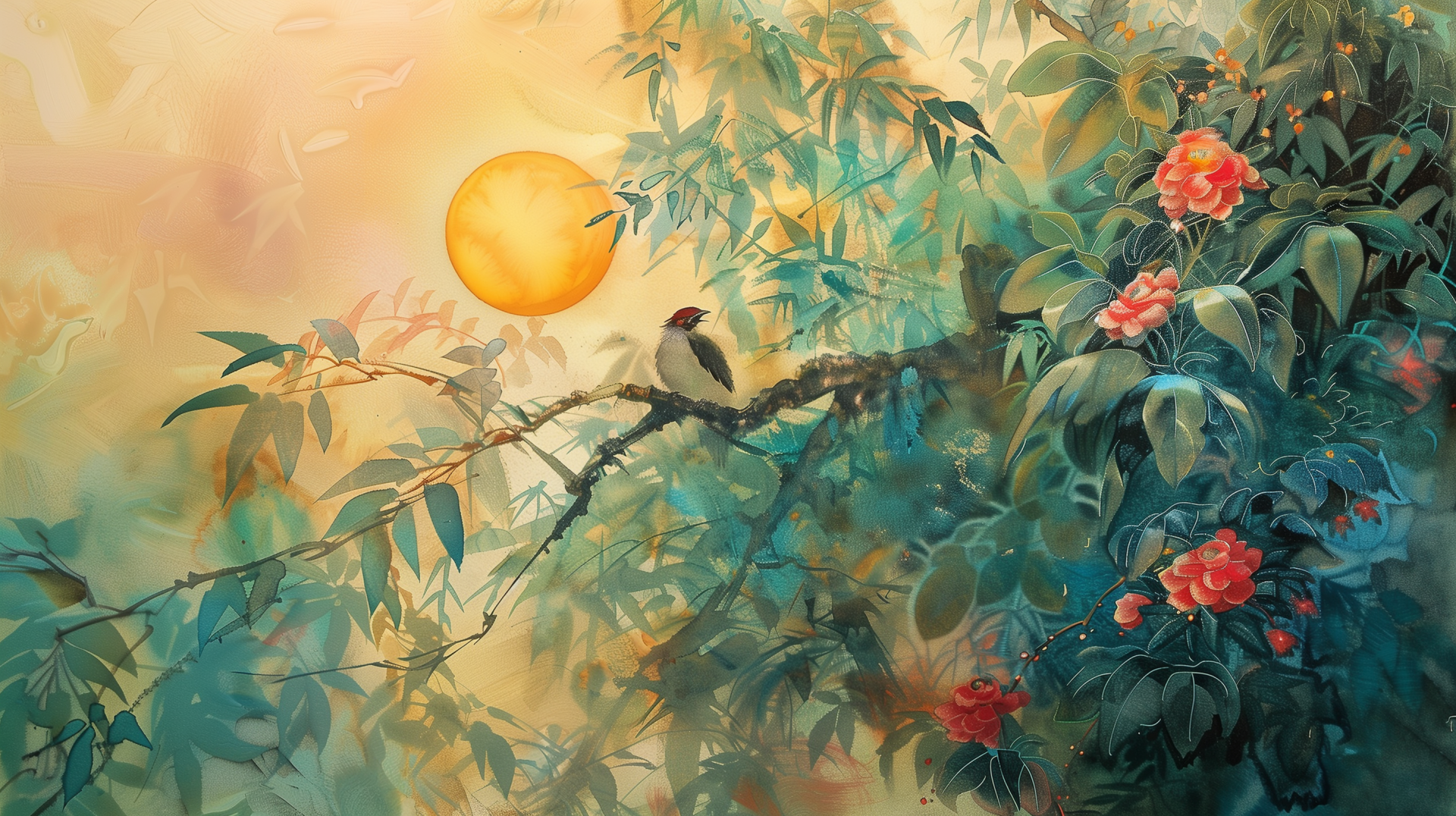 A serene HD wallpaper featuring a bird perched on a branch surrounded by vibrant flowers, with a warm sun shining in the background, creating a tranquil and inviting atmosphere.