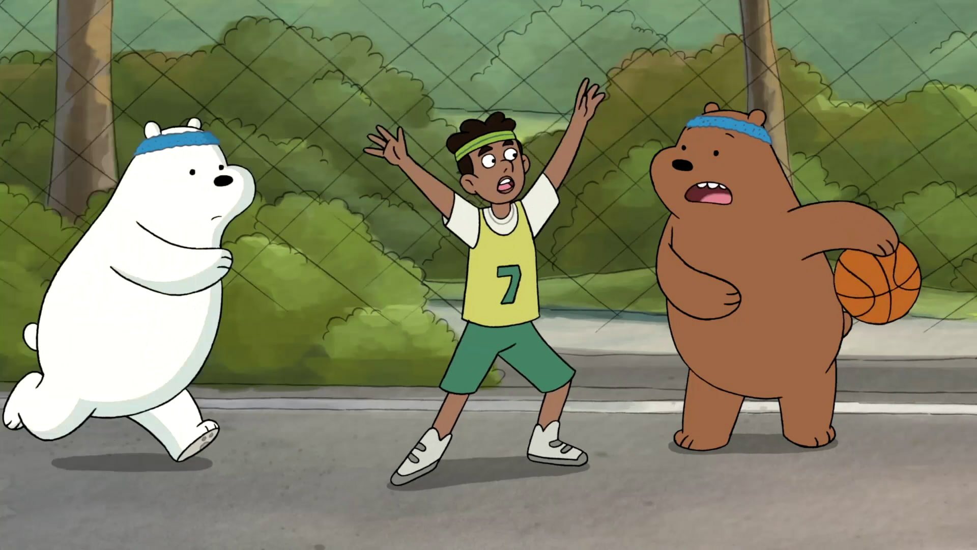 HD desktop wallpaper featuring We Bare Bears characters Polar Bear and Grizzly Bear with a basketball and a boy expressing excitement.