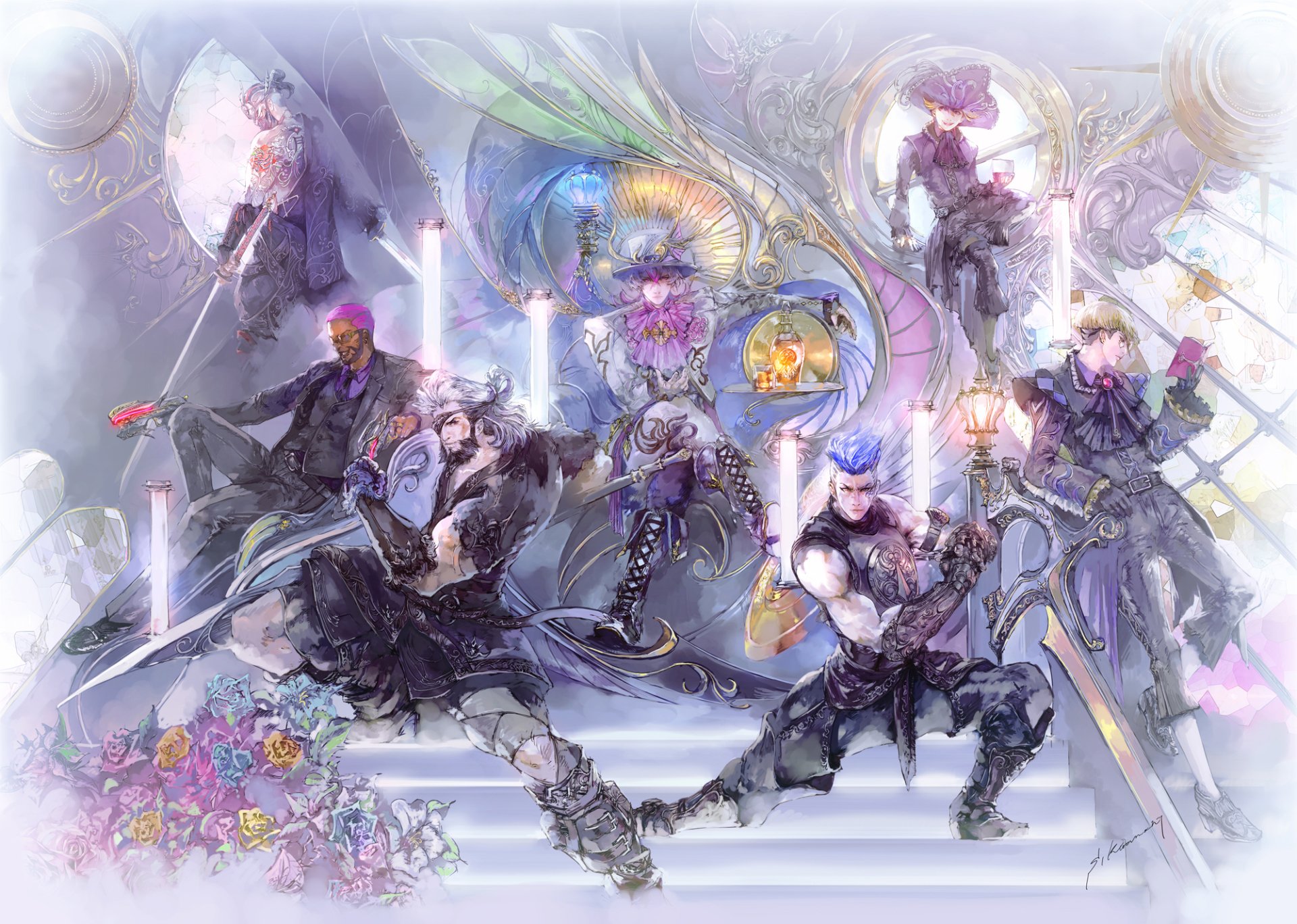 HD wallpaper featuring artistic illustration from the video game SaGa Emerald Beyond with detailed characters and mystical elements.