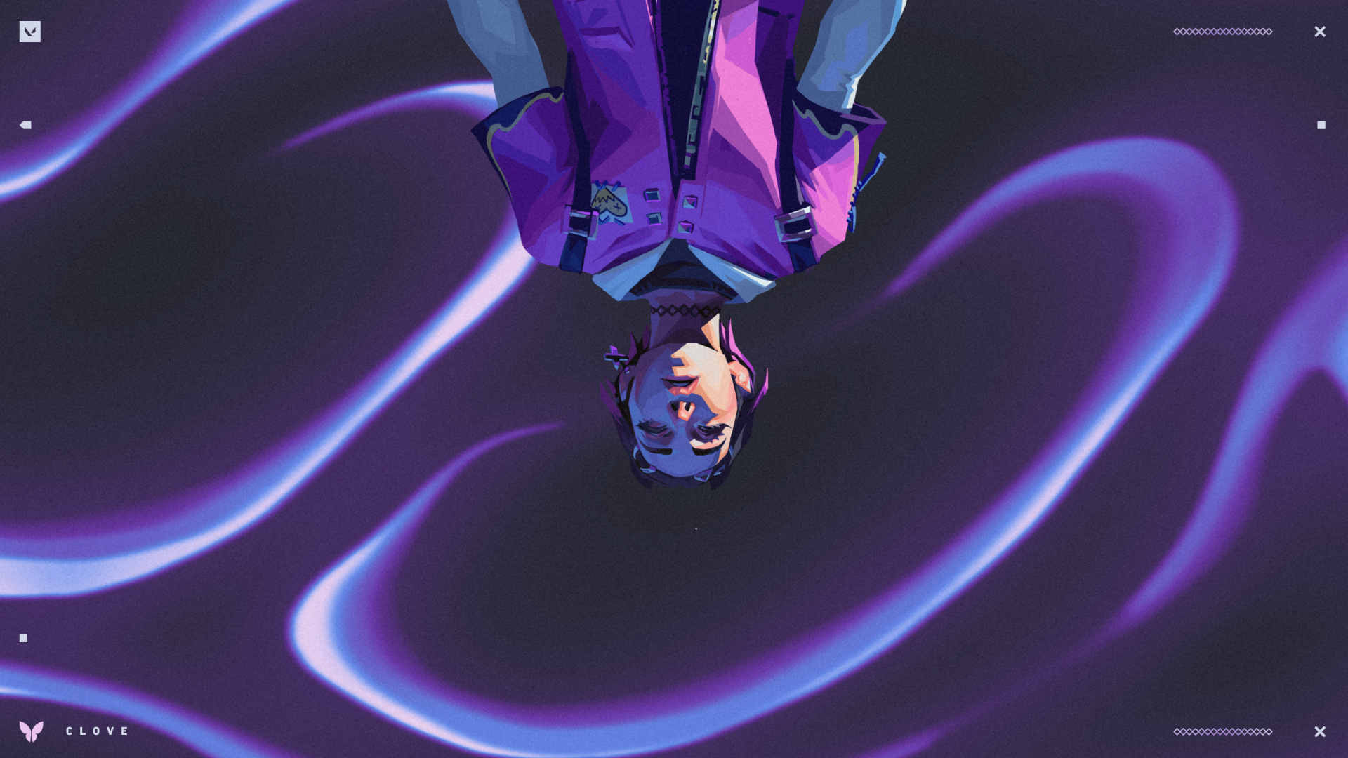 Upside-down portrait of Clove (Valorant) in a purple jacket with neon swirl trails on a dark backdrop — 2K Quad HD PC desktop wallpaper/background.
