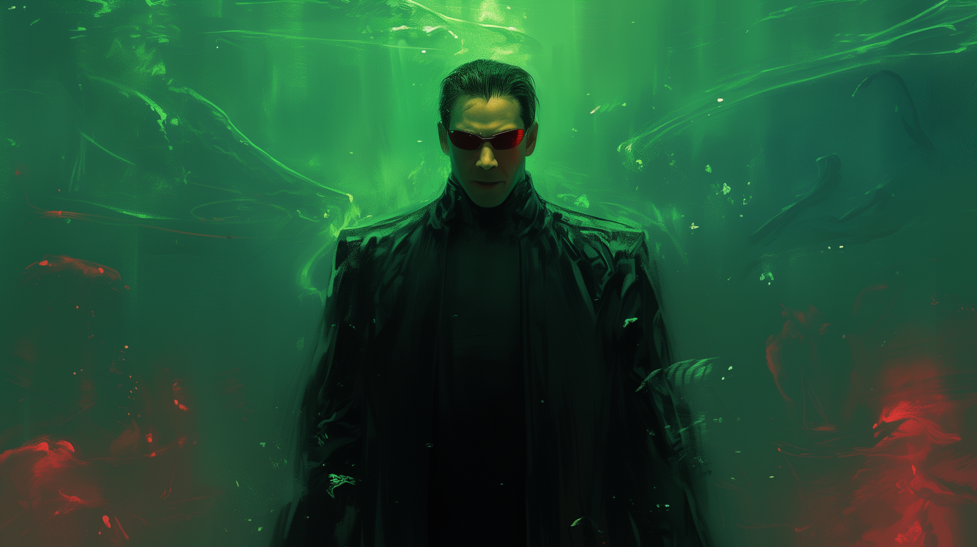 HD desktop wallpaper featuring Neo from The Matrix with iconic green code background.