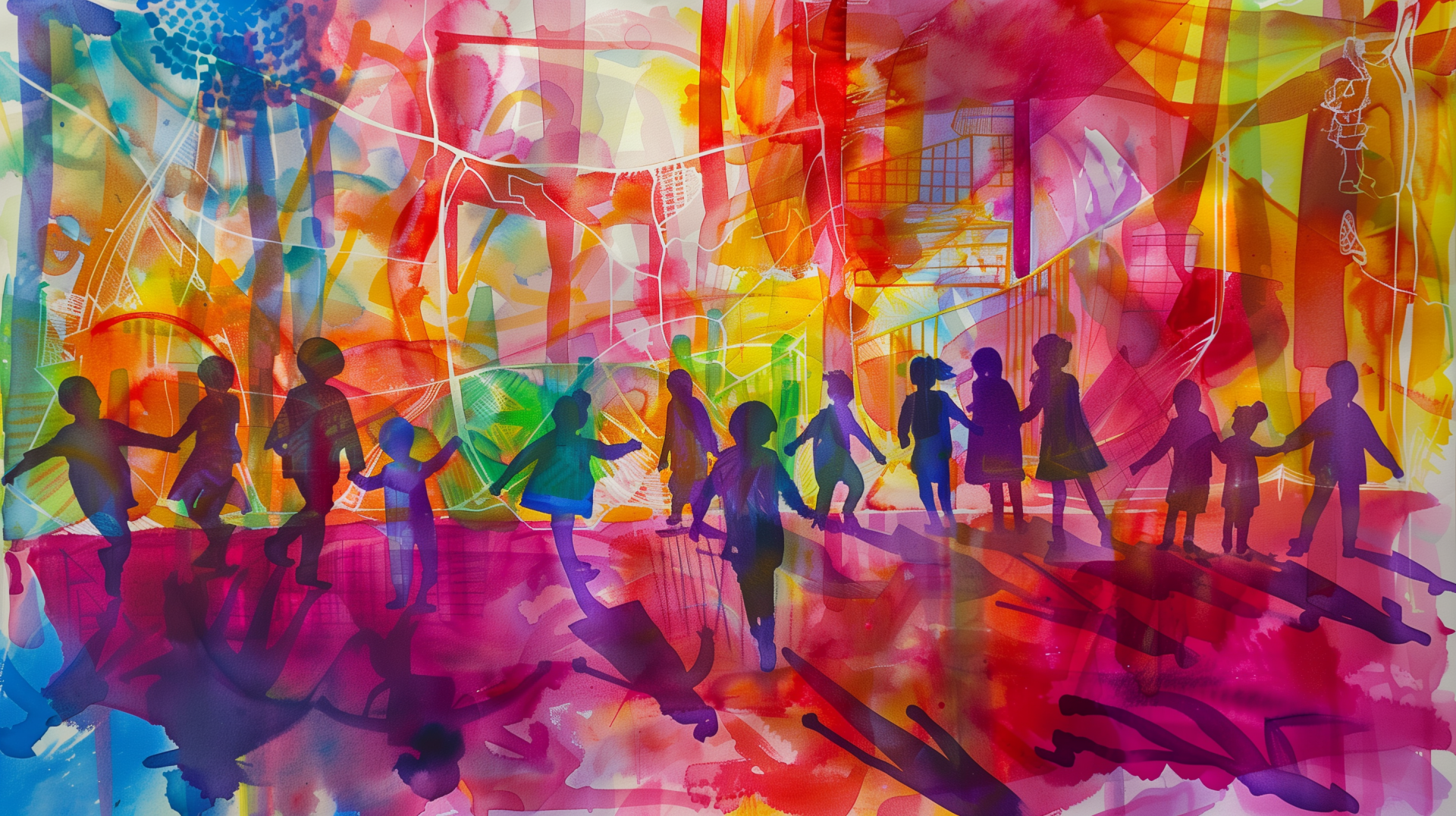 HD desktop wallpaper featuring a vibrant artistic depiction of children at a playground with colorful abstract elements.