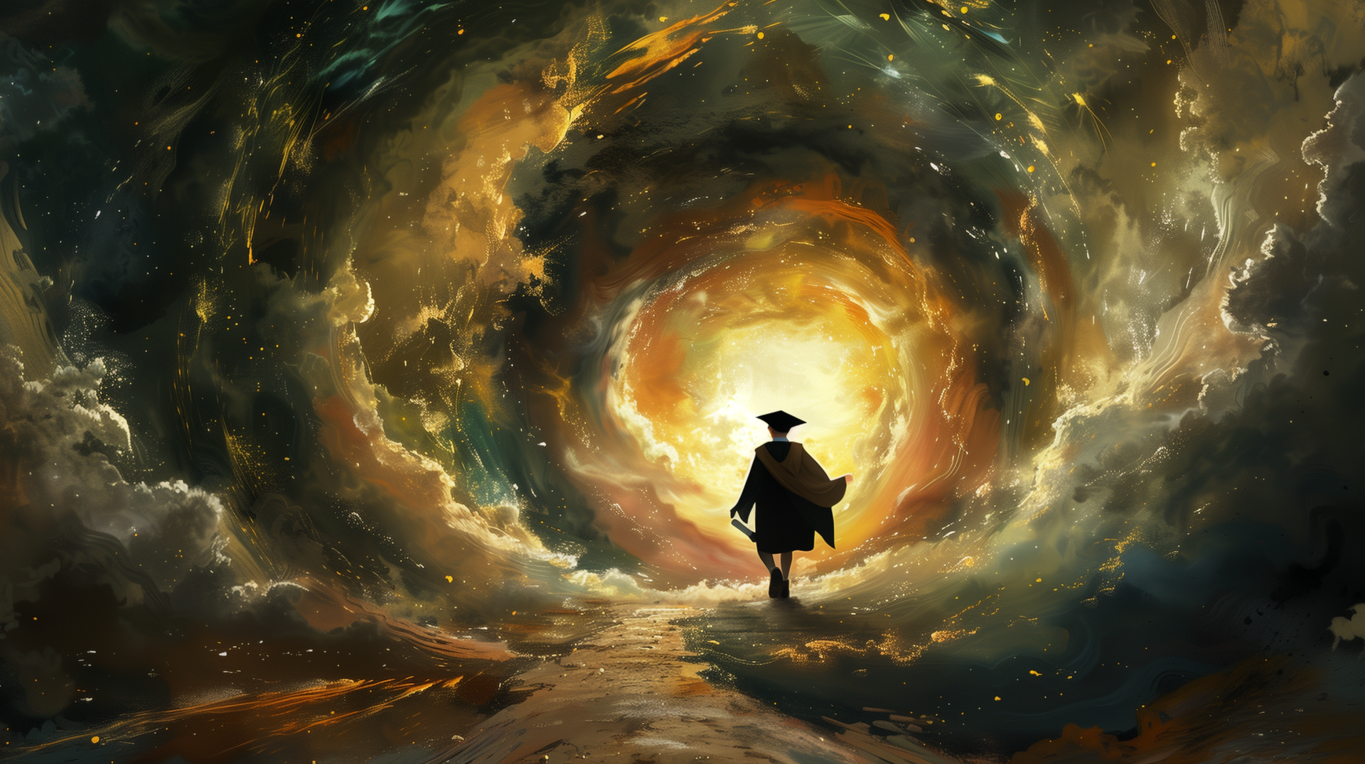Graduate silhouette standing before a swirling cosmic vortex, symbolizing a bright future – HD graduation-themed desktop wallpaper.