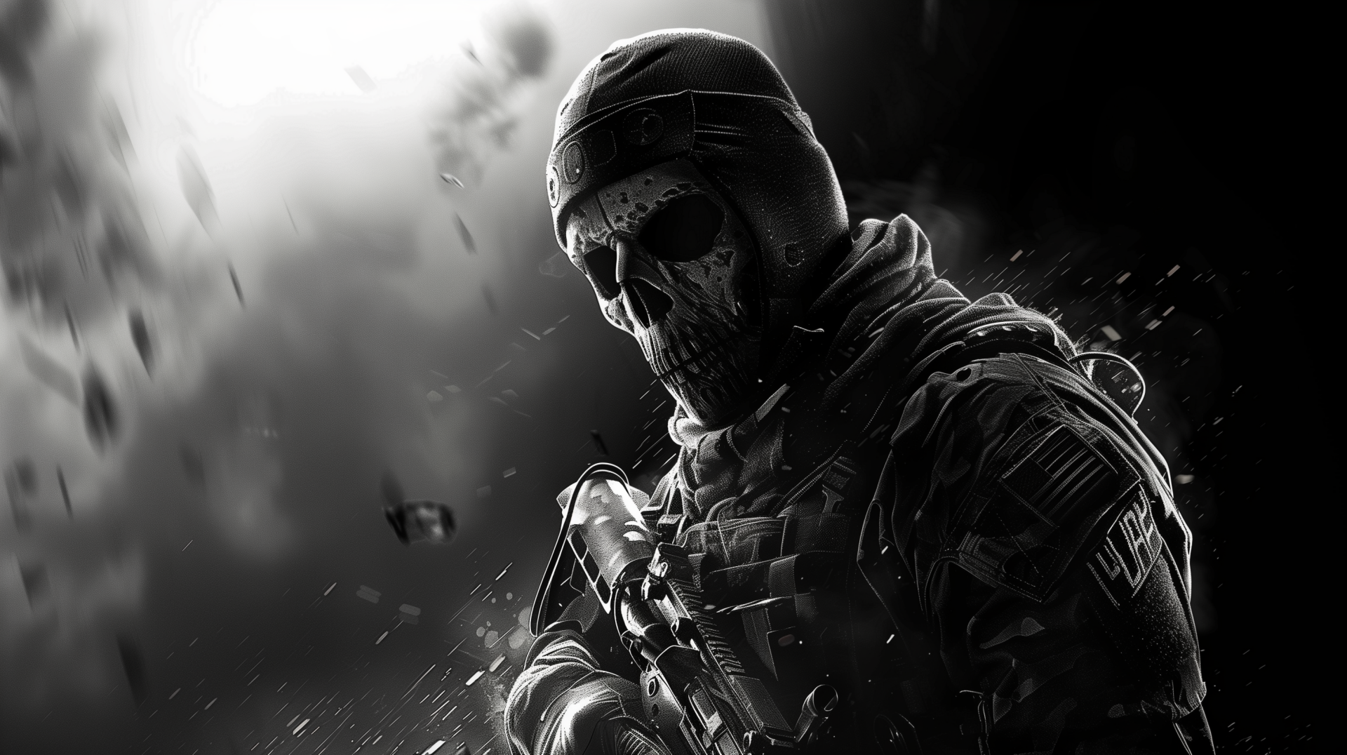 HD wallpaper of a soldier from Call of Duty: Ghosts video game, in monochrome with dramatic lighting, suited for desktop backgrounds.