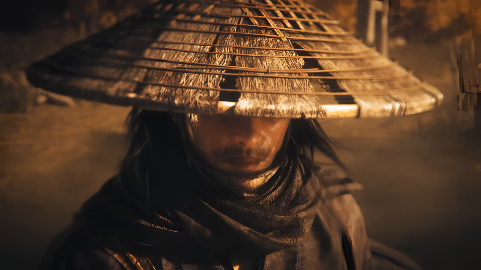 HD wallpaper featuring a character from the video game Rise of the Rōnin with a traditional straw hat, providing an immersive and atmospheric desktop background.
