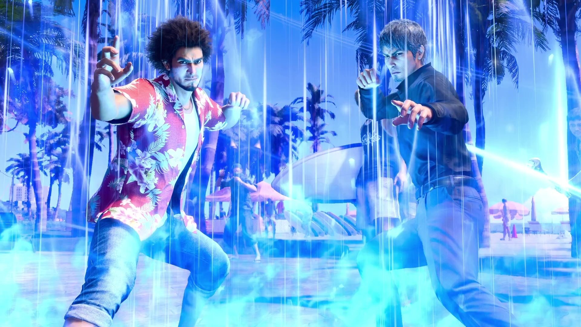 HD wallpaper of Like a Dragon: Infinite Wealth video game featuring two characters in fighting stance with neon-lit tropical background.