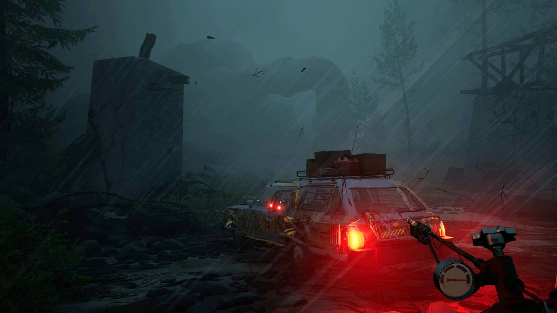 HD desktop wallpaper featuring a vehicle in Pacific Drive video game, with a moody foggy landscape in the background.