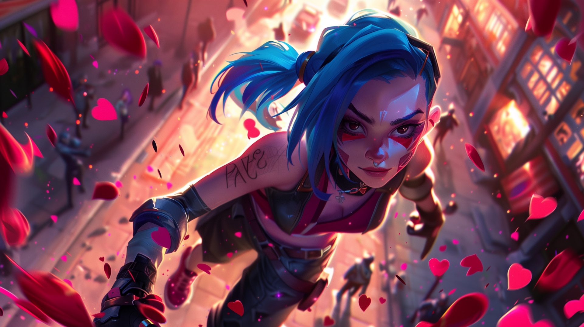 HD desktop wallpaper featuring Jinx from League of Legends, showcasing the character in dynamic action with a vibrant background of floating rose petals.