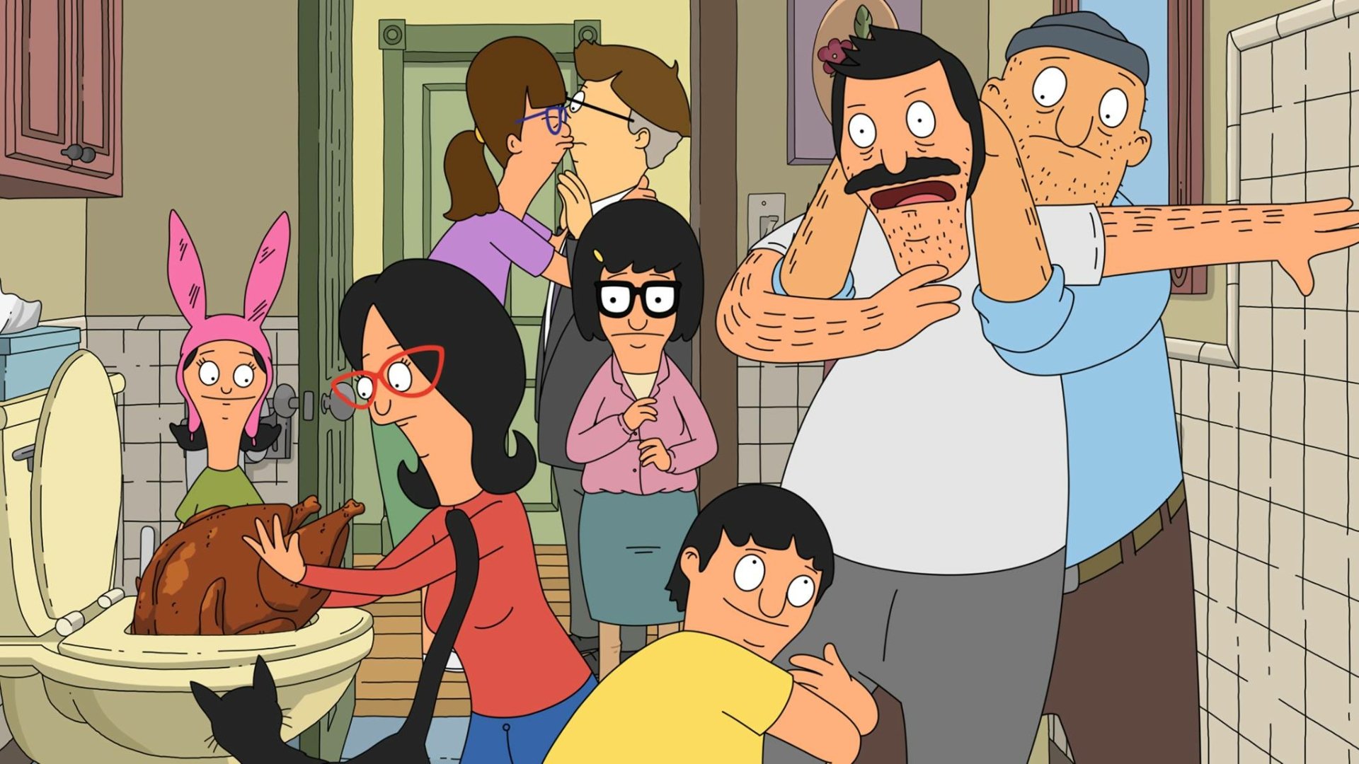 HD desktop wallpaper of Bob's Burgers featuring Gene, Tina, and Linda Belcher in a humorous family scene.