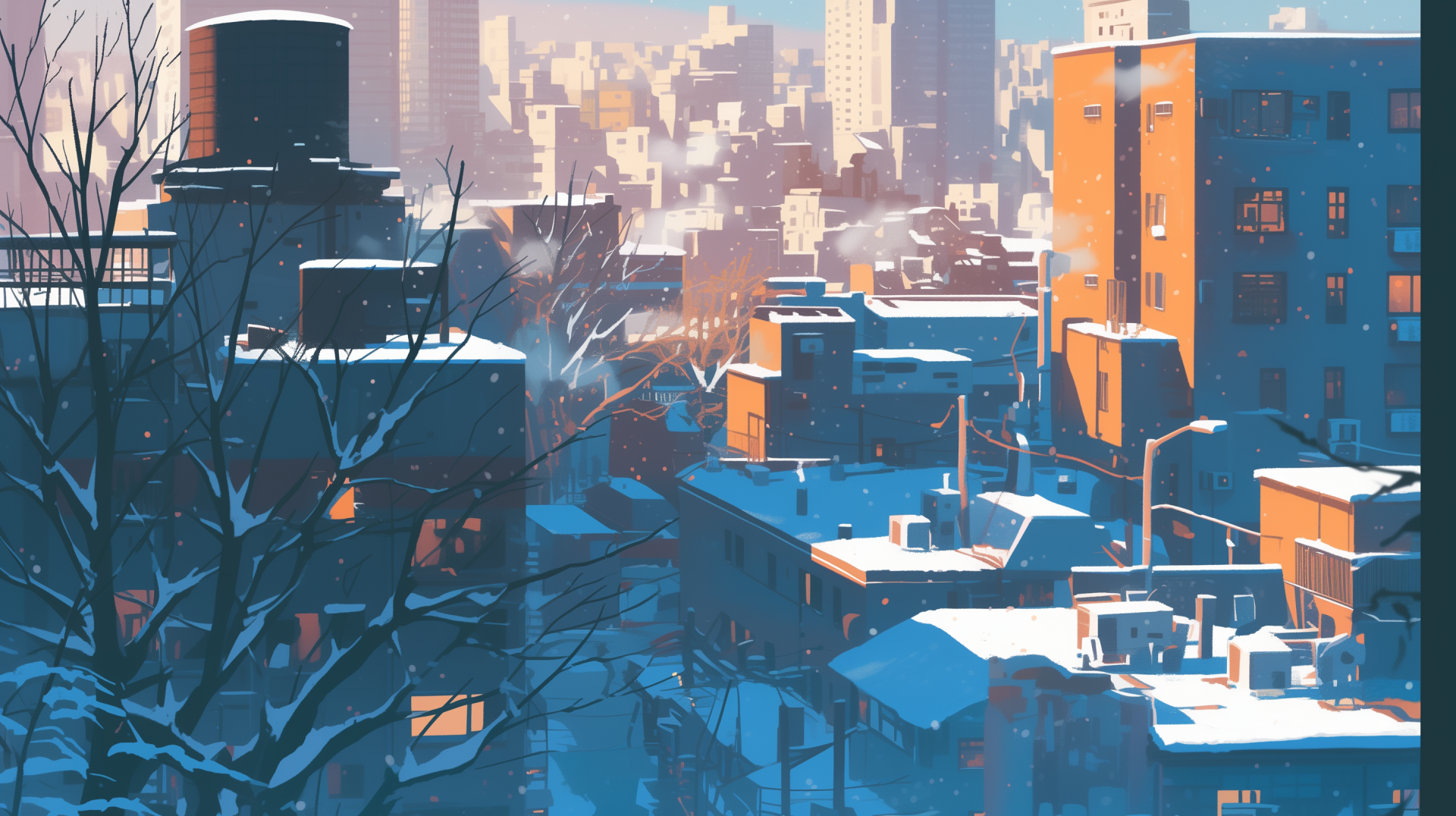 HD wallpaper of a snowy cityscape with buildings blanketed in snow, reflecting the serene ambiance of winter in an urban setting.