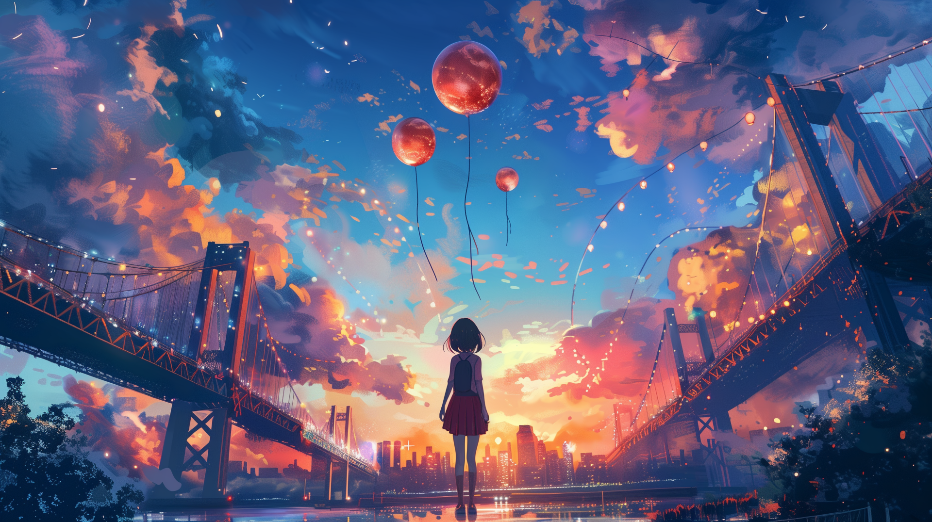 An anime-style girl stands on a bridge at sunset, surrounded by glowing lanterns in a vibrant HD AI art desktop wallpaper.
