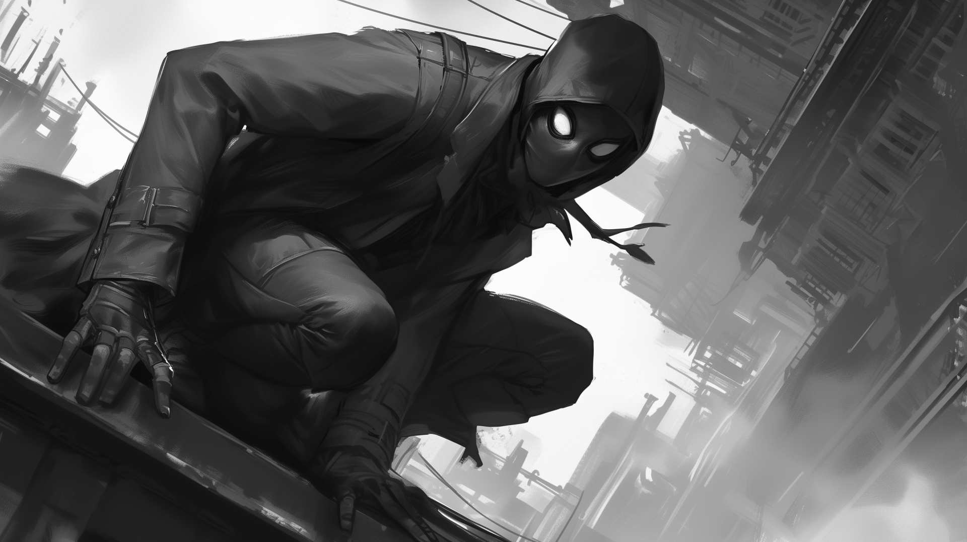 HD desktop wallpaper featuring the monochrome illustration of Spider-Man Noir perched atop a building, set against a backdrop of skyscrapers in a stylized comic-inspired cityscape.