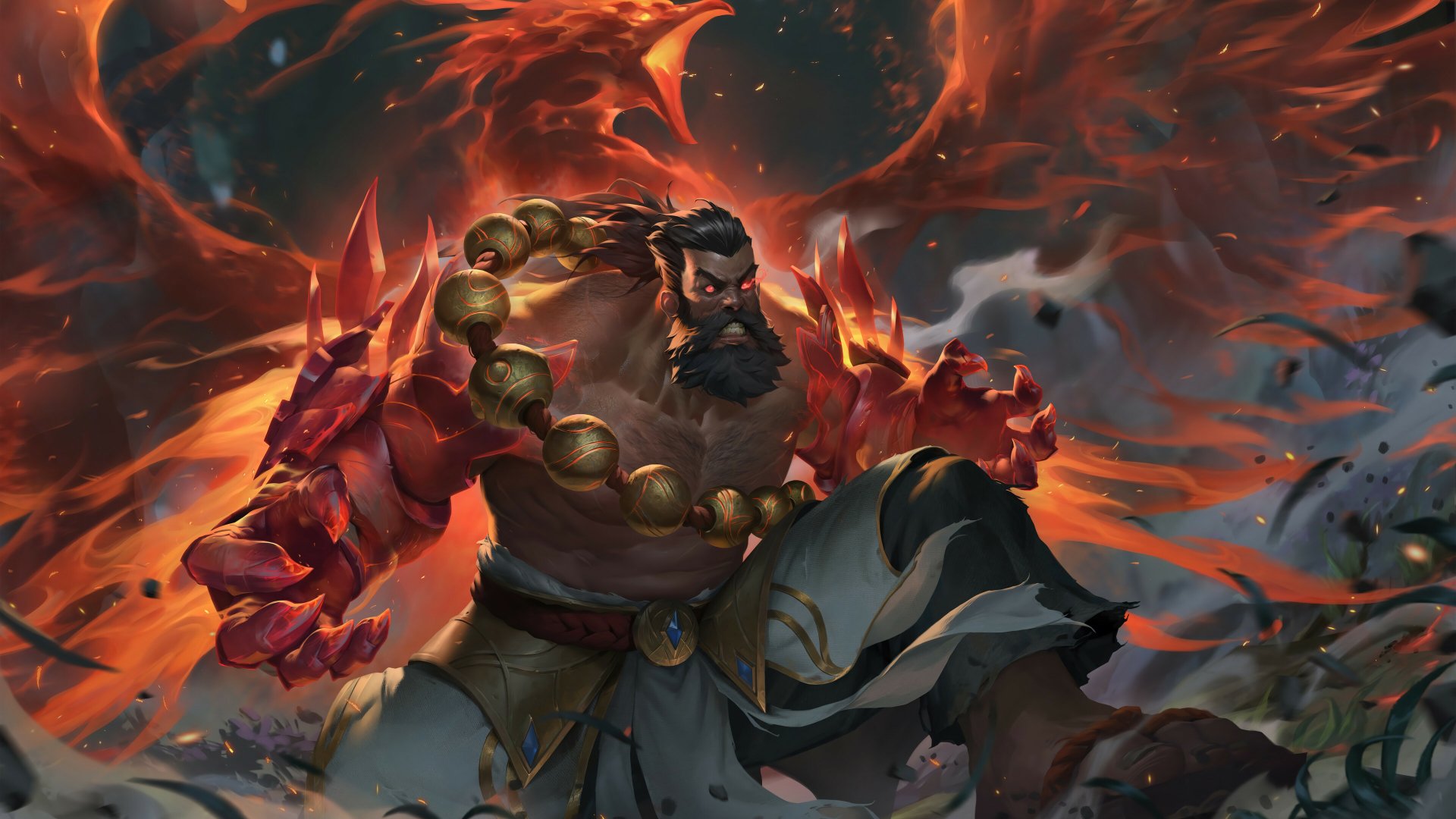 HD wallpaper of Udyr from League of Legends, showcasing the character's fiery transformation.