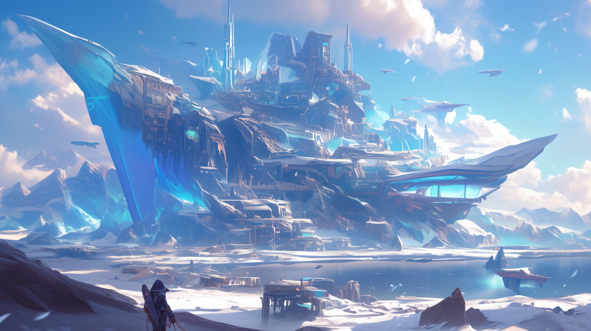 Fantasy futuristic city with advanced architecture set in a frozen landscape, available as HD desktop wallpaper and background.