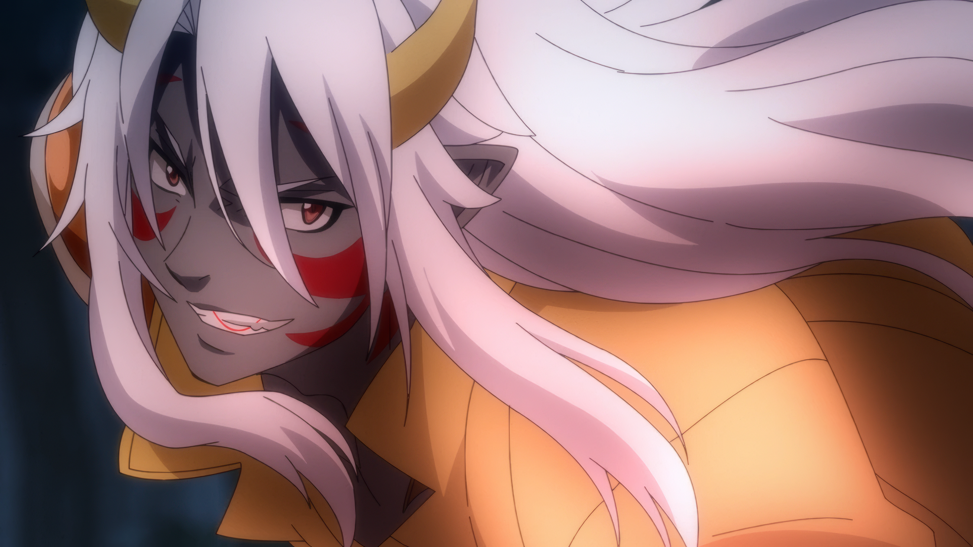 HD Anime Wallpaper featuring a close-up of a Re:Monster character with silver hair and red markings.