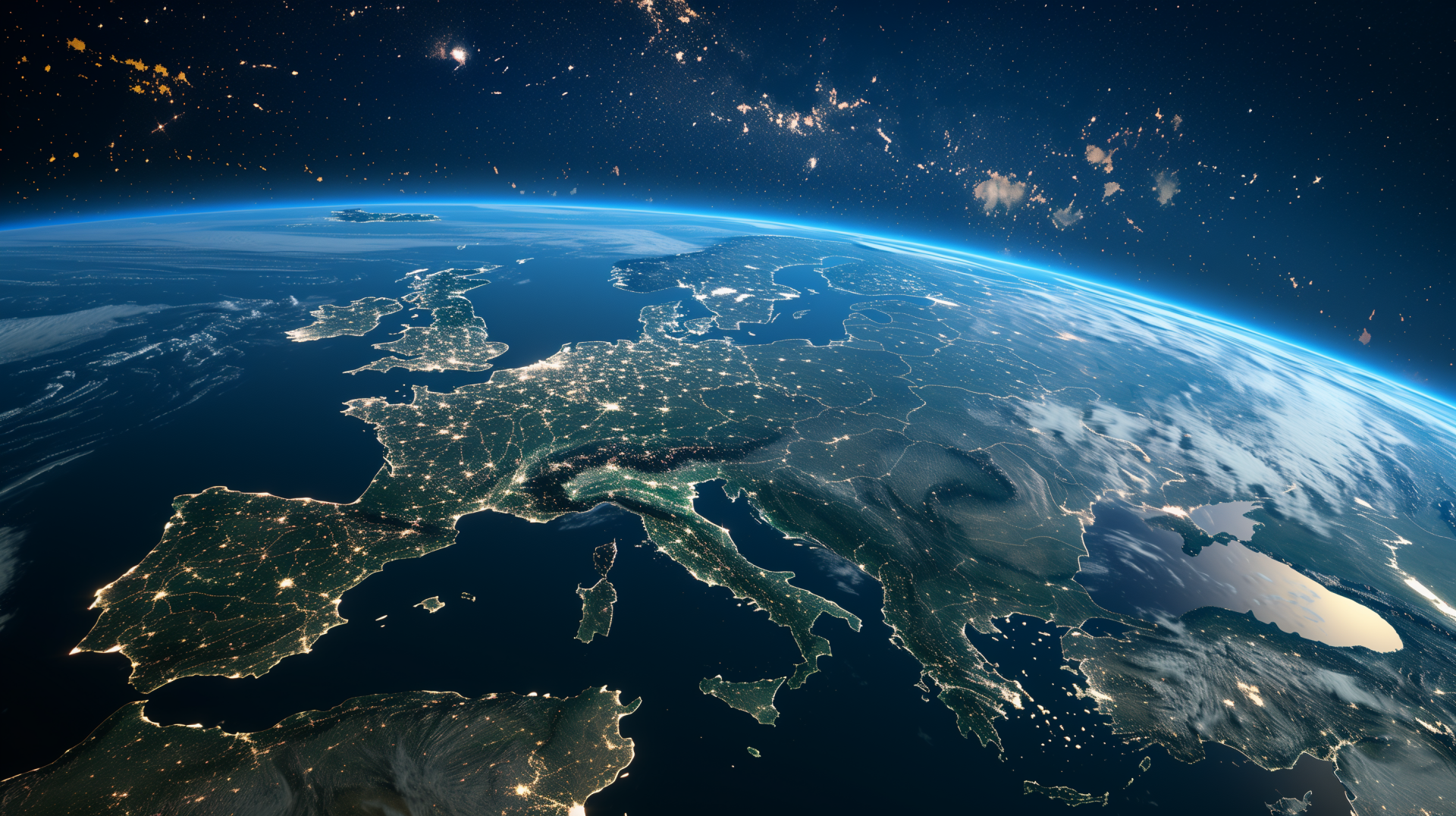 A stunning HD image of Earth from space, showcasing Europe illuminated at night, with a vibrant blue atmosphere and the deep black of space in the background.