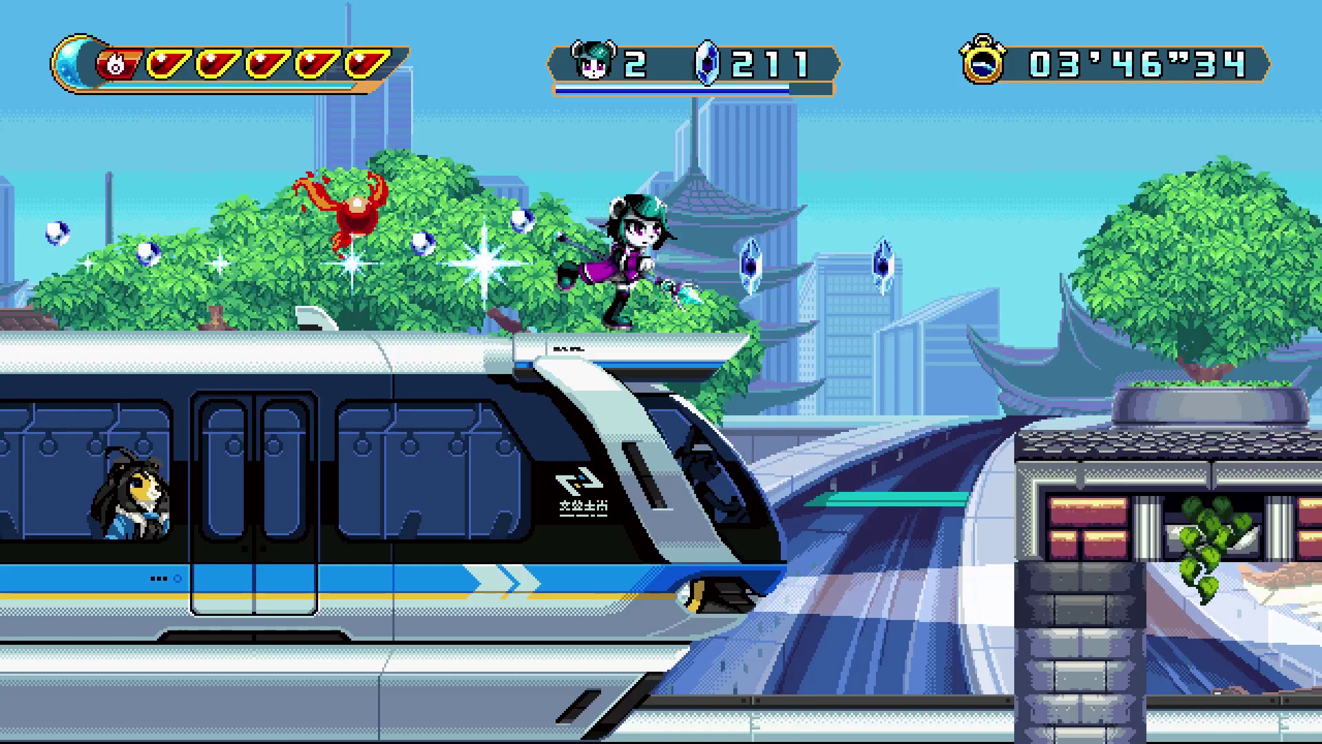 HD desktop wallpaper of Freedom Planet 2 video game featuring vibrant cityscape and in-game action.