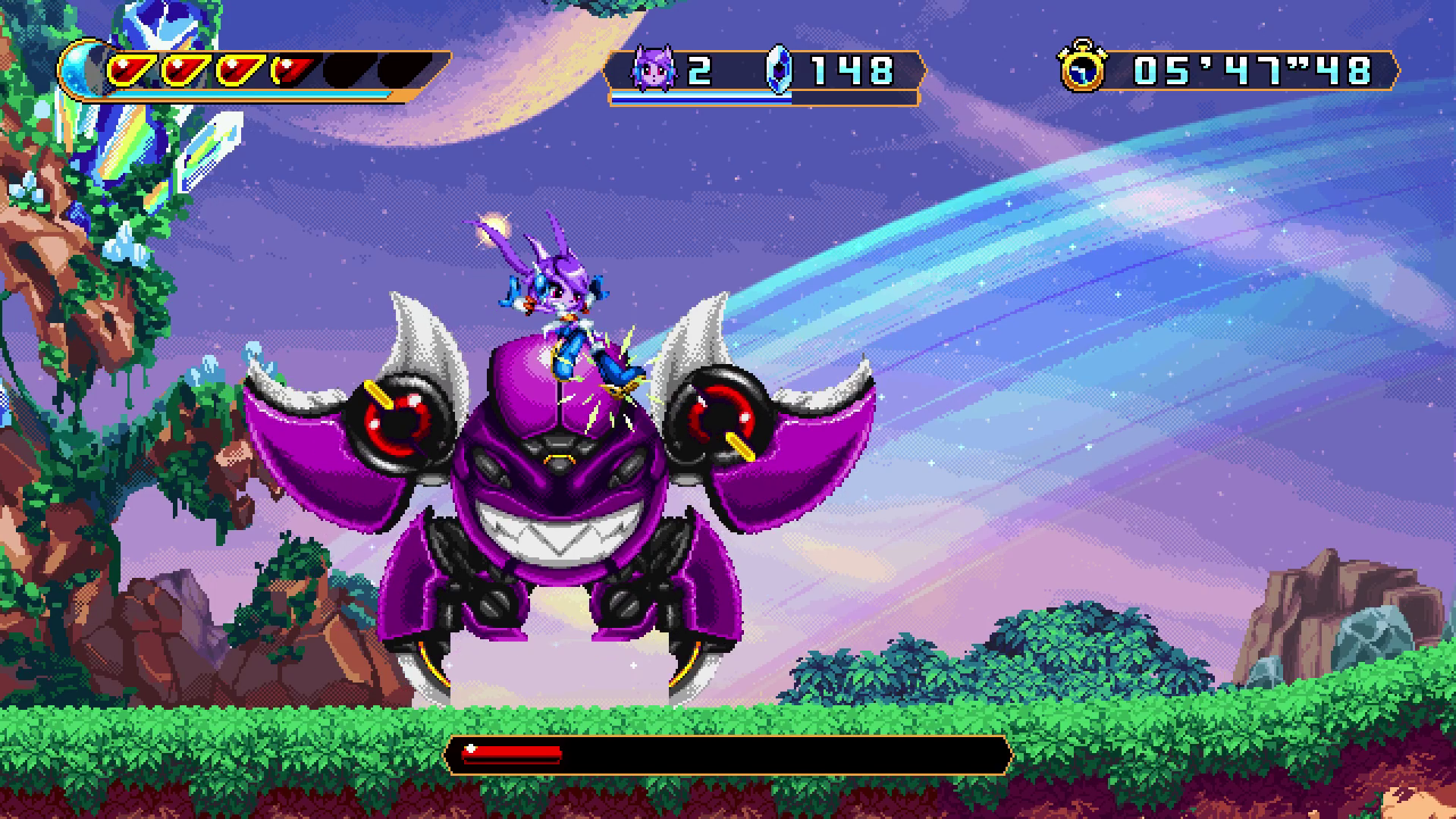 HD desktop wallpaper featuring a scene from the video game Freedom Planet 2 with a character battling a large purple enemy in a vibrant, colorful environment.