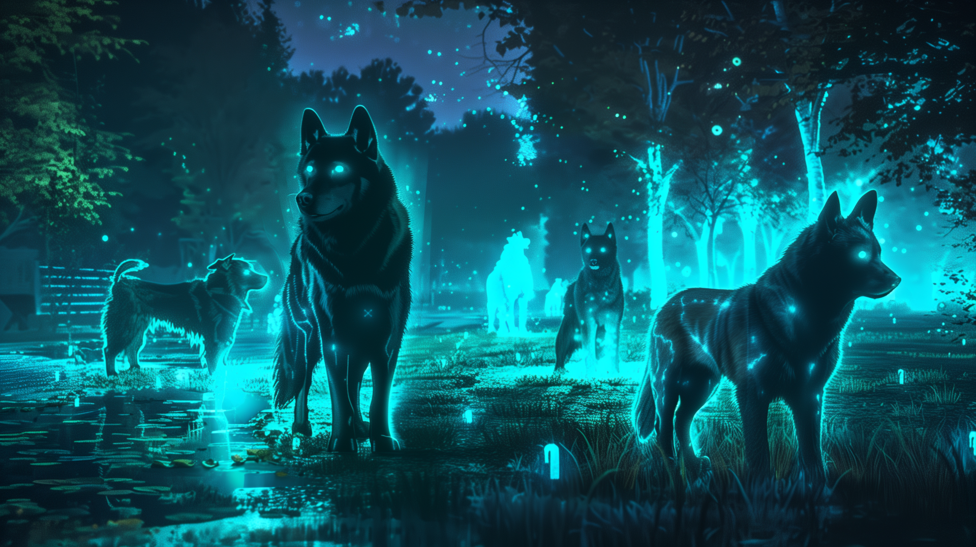 HD desktop wallpaper of a mystical dog park scene with glowing bioluminescent dogs resembling wolves, under a starry sky.