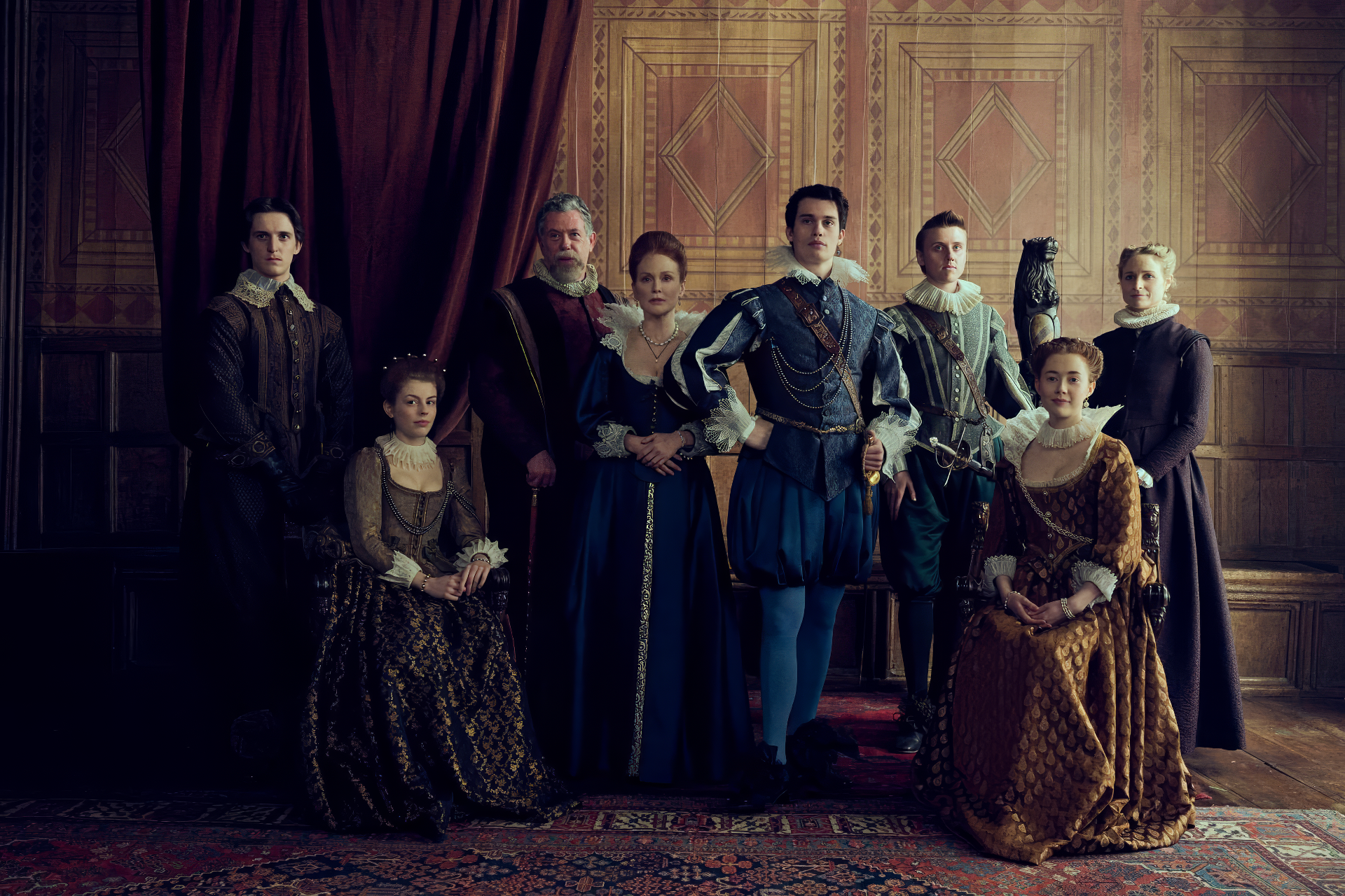 Cast of the TV show 'Mary & George' portrayed in period costumes for an HD desktop wallpaper and background.