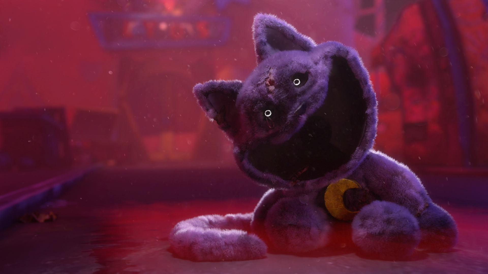 HD 3D CGI desktop wallpaper of CatNap from Poppy Playtime, featuring a dark, eerie horror-themed atmosphere with vivid red lighting.