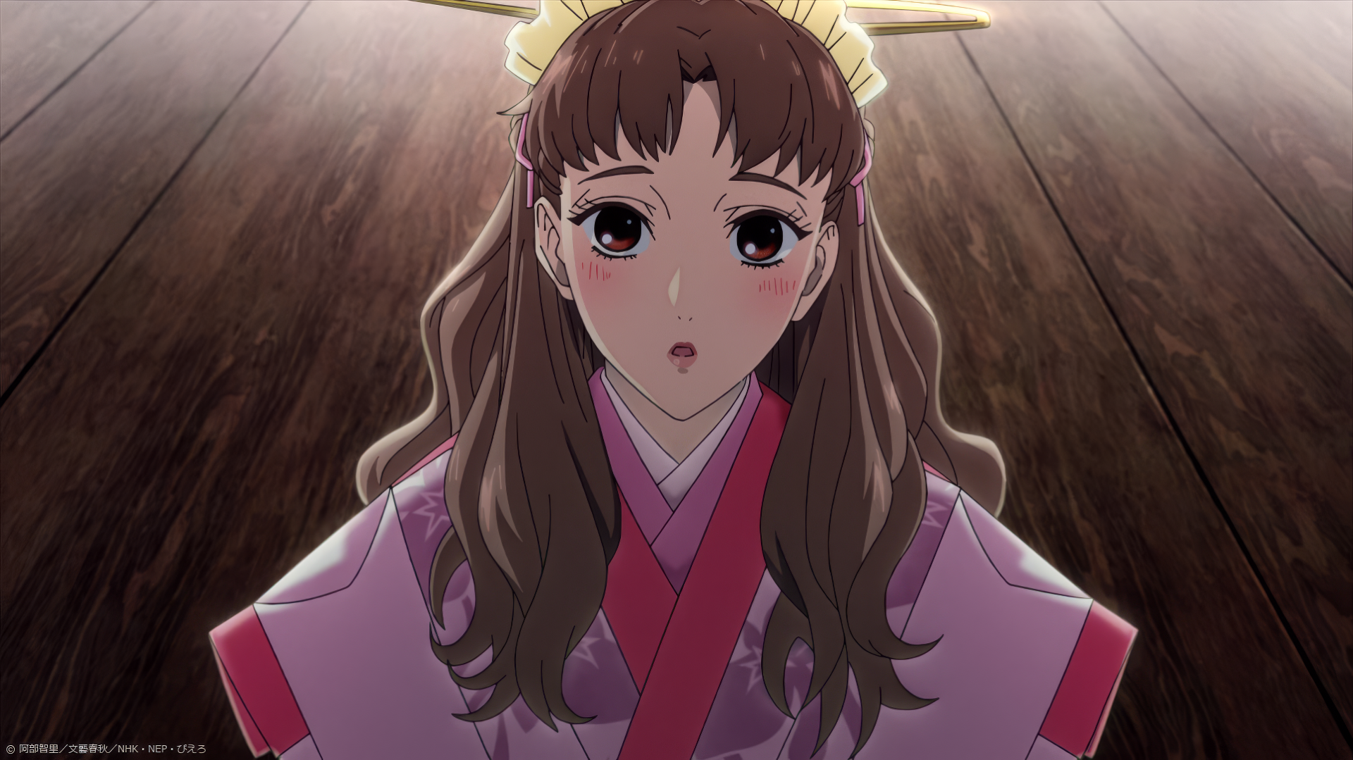 Anime character from YATAGARASU: The Raven featured in an HD desktop wallpaper with a wooden floor background.