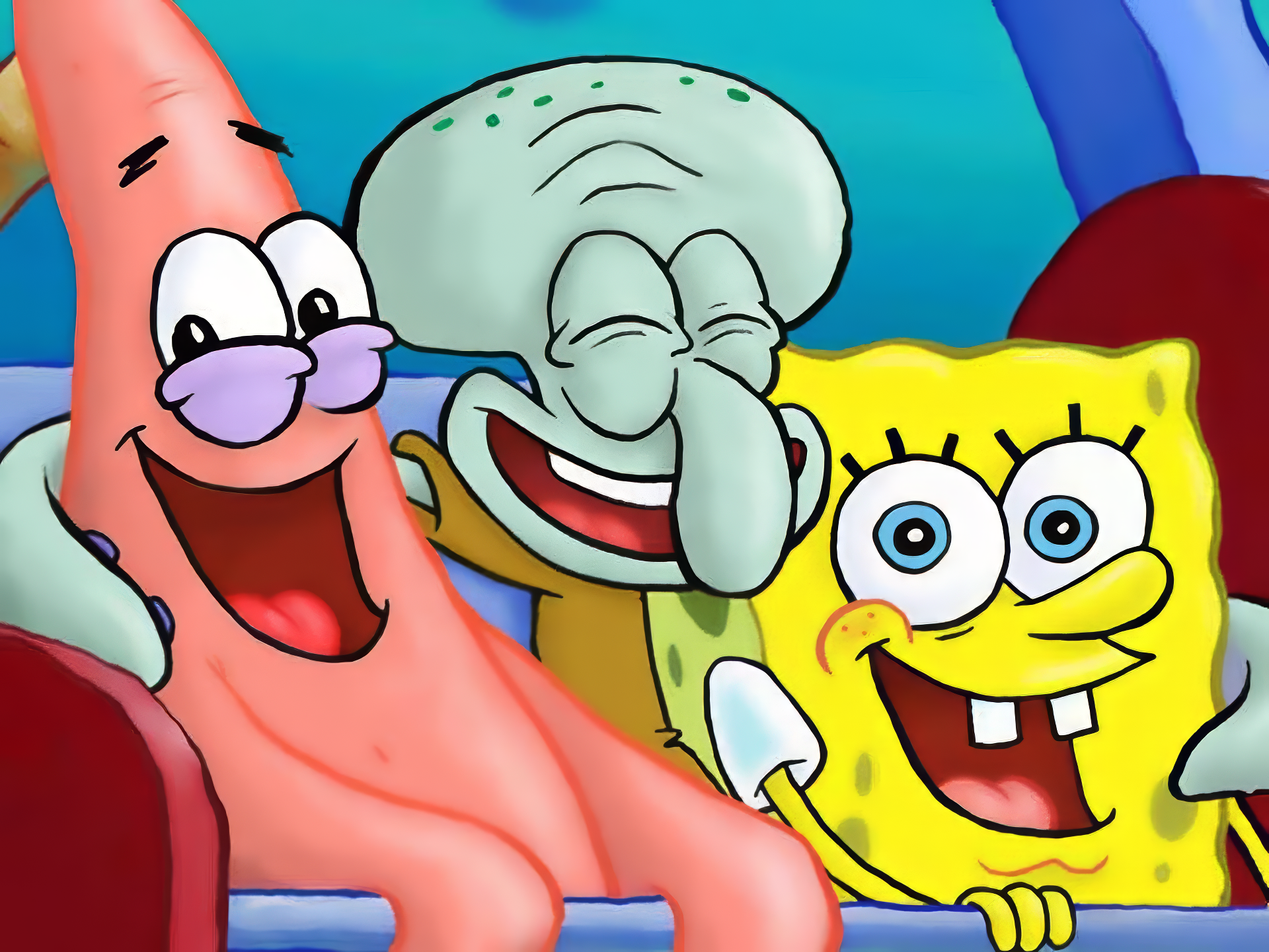 A colorful HD desktop wallpaper featuring characters from *SpongeBob SquarePants*: Patrick Star, Squidward Tentacles, and SpongeBob, all sharing a joyful moment together.