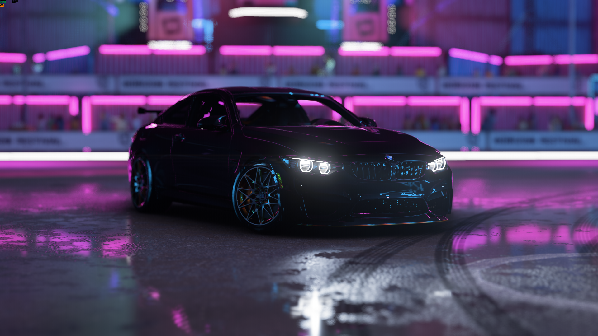 HD PC desktop wallpaper featuring a sleek black BMW from Forza Horizon 5, set against vibrant neon lights in a video game environment.