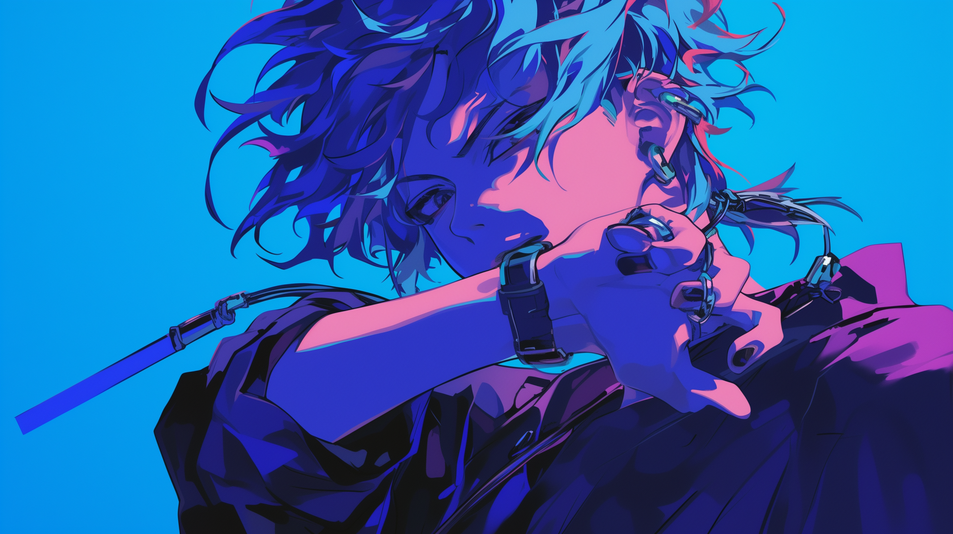 HD anime wallpaper featuring a stylized anime boy with messy hair in a dynamic blue-toned background.