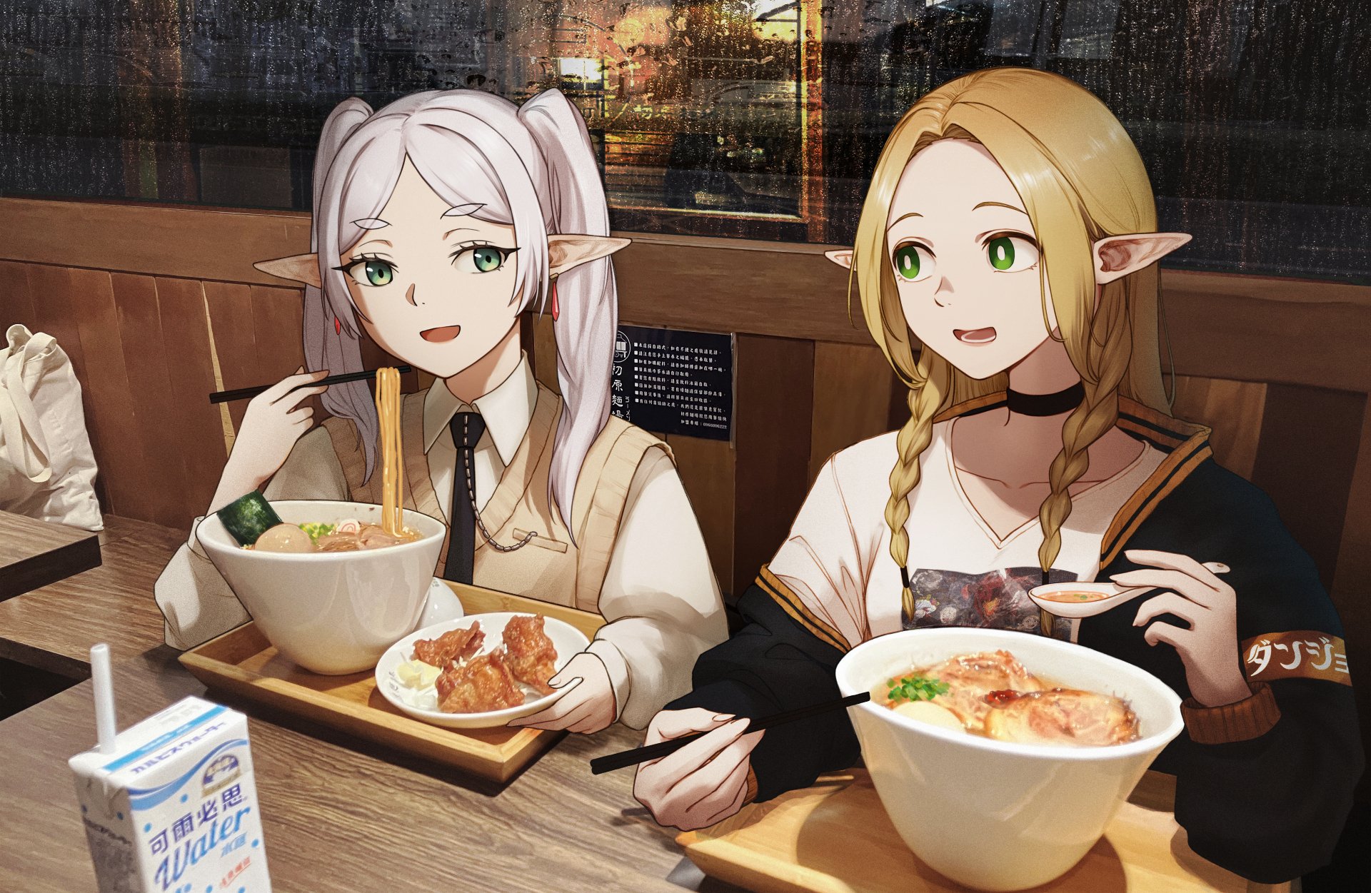 Anime crossover featuring elf characters from Frieren: Beyond Journey's End and Marcille Donato enjoying a meal together, showcased in 4K Ultra HD for PC desktop wallpaper.