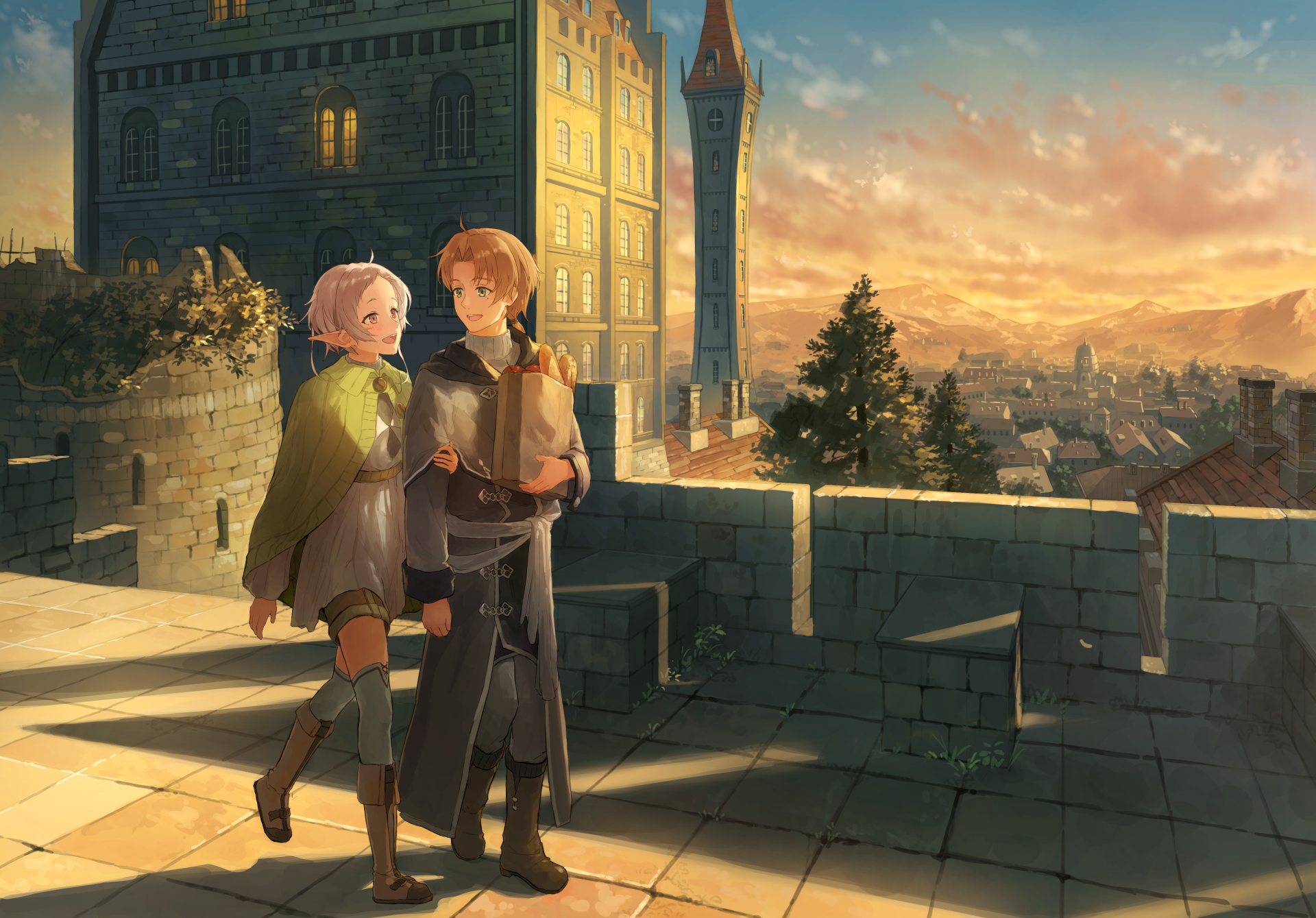 Anime-style 4K Ultra HD wallpaper featuring Sylphiette and Rudeus Greyrat from Mushoku Tensei: Jobless Reincarnation standing on a castle terrace at sunset.