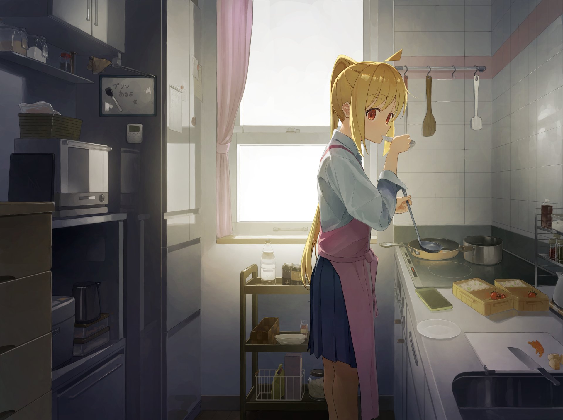 Nijika Ijichi from Bocchi the Rock! in a detailed anime-style kitchen, featured in a 4K Ultra HD PC desktop wallpaper.