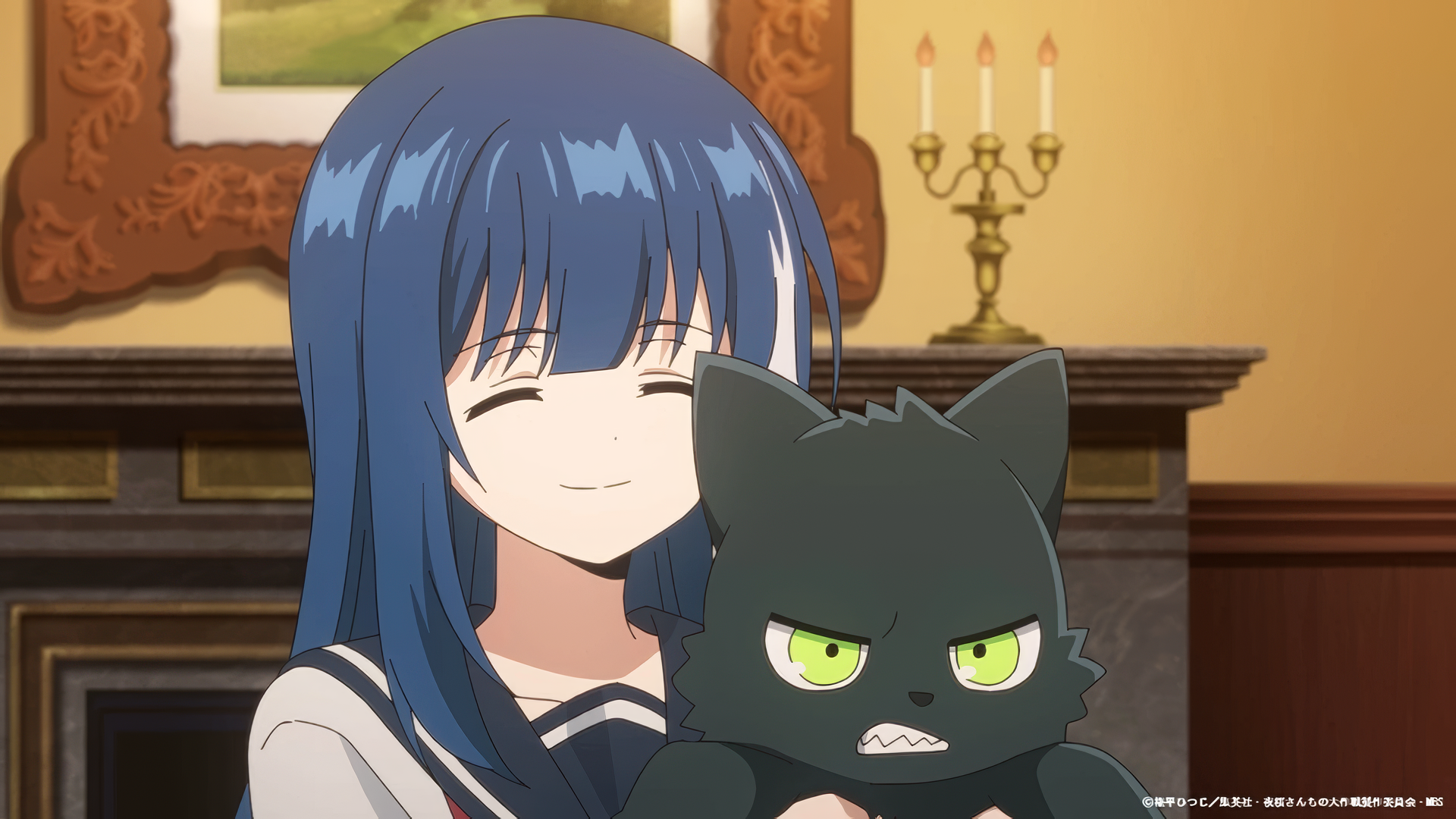 HD Anime wallpaper from Mission: Yozakura Family featuring a smiling girl with blue hair and a grumpy black cat in a cozy room setting.