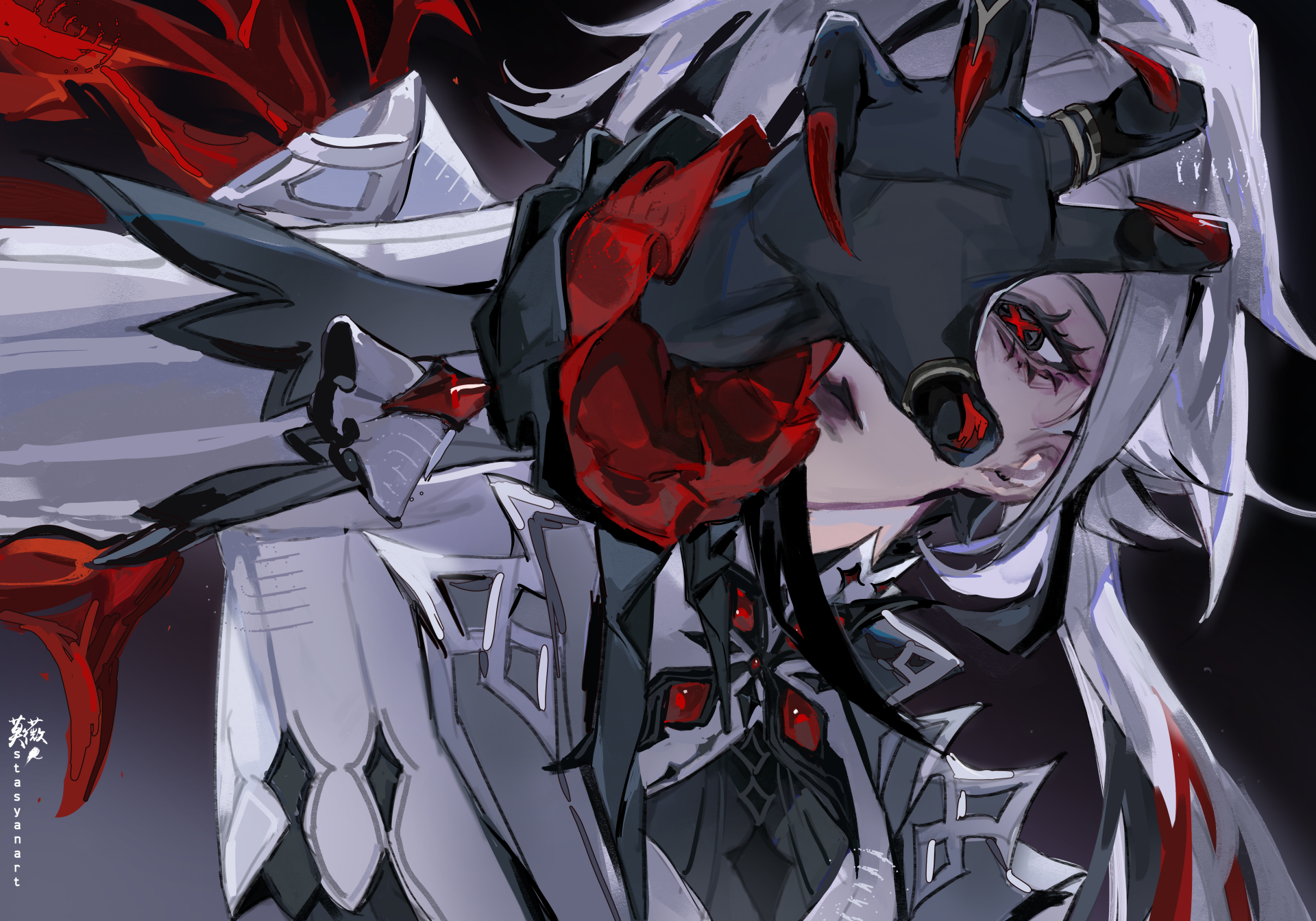 Arlecchino from Genshin Impact showcases an intense pose with striking red and black elements, making this 4K Ultra HD wallpaper a captivating background choice.
