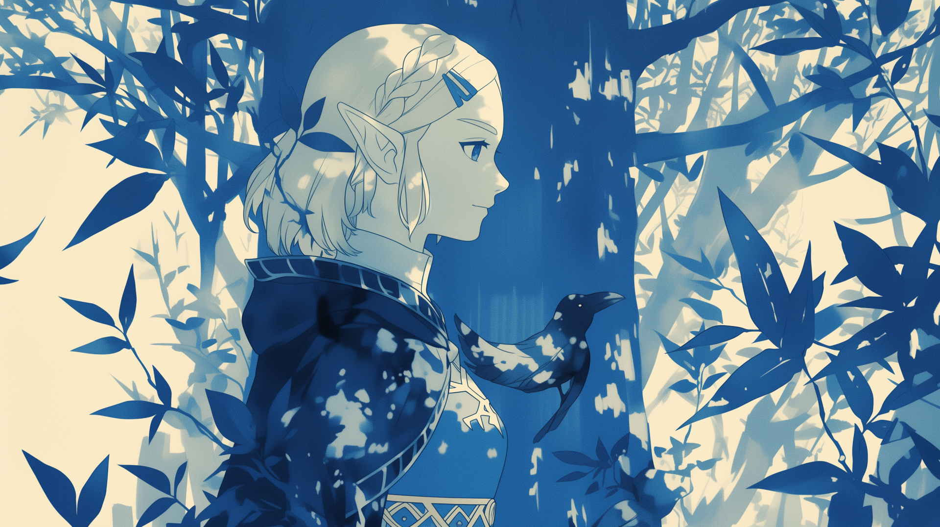 HD wallpaper featuring a stylized silhouette of Princess Zelda from The Legend of Zelda series amidst a blue forest backdrop.