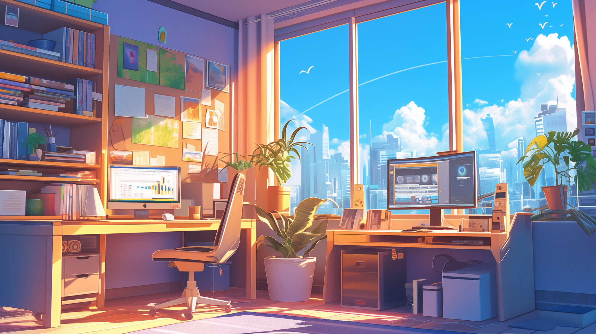 HD anime-style desktop wallpaper featuring a sunny room with a computer setup and city view.