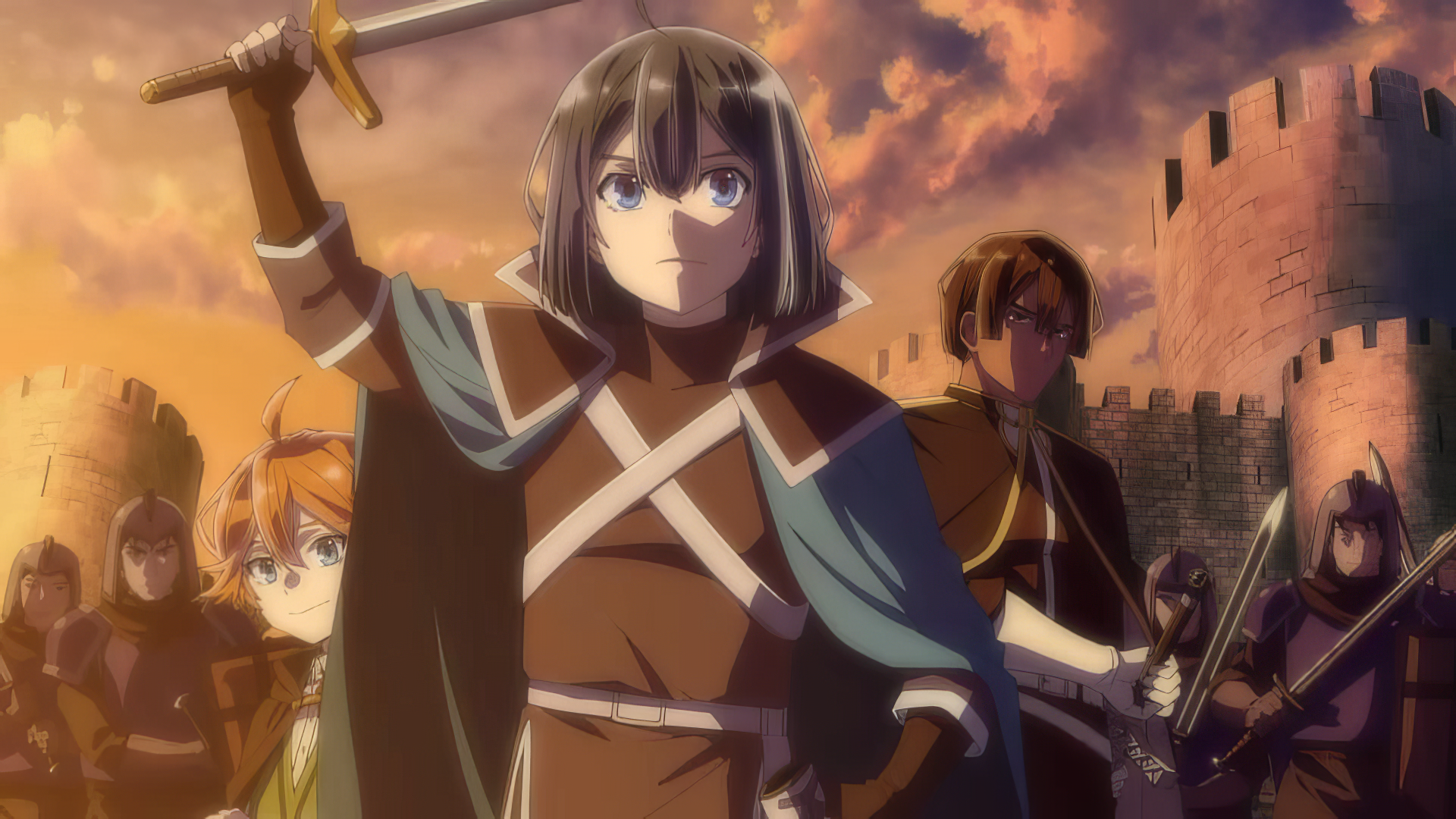 Anime characters from As a Reincarnated Aristocrat I'll Use My Appraisal Skill with a sword against a sunset backdrop, HD desktop wallpaper.