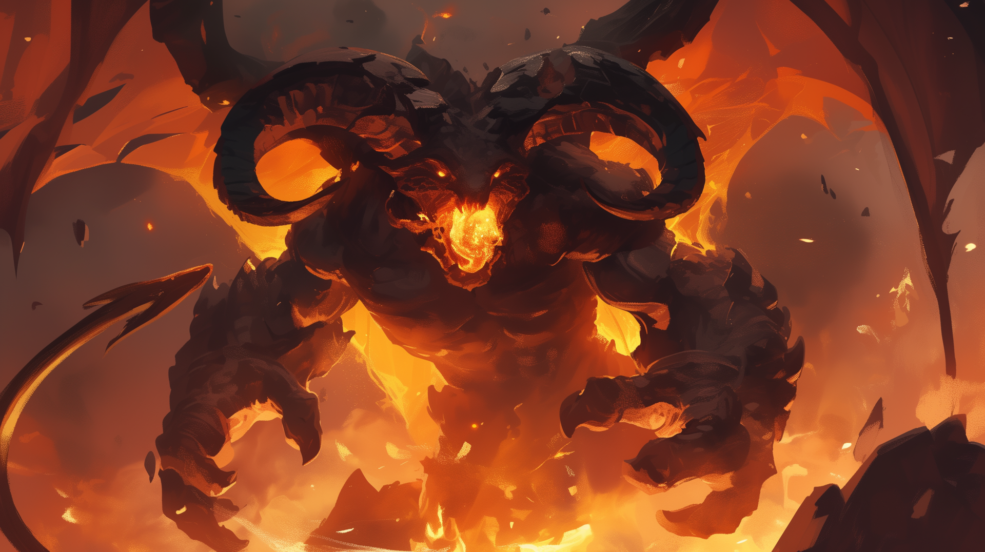 HD desktop wallpaper depicting a dramatic and fiery illustration of a Balrog from The Lord of the Rings fantasy series, surrounded by intense flames and embers.