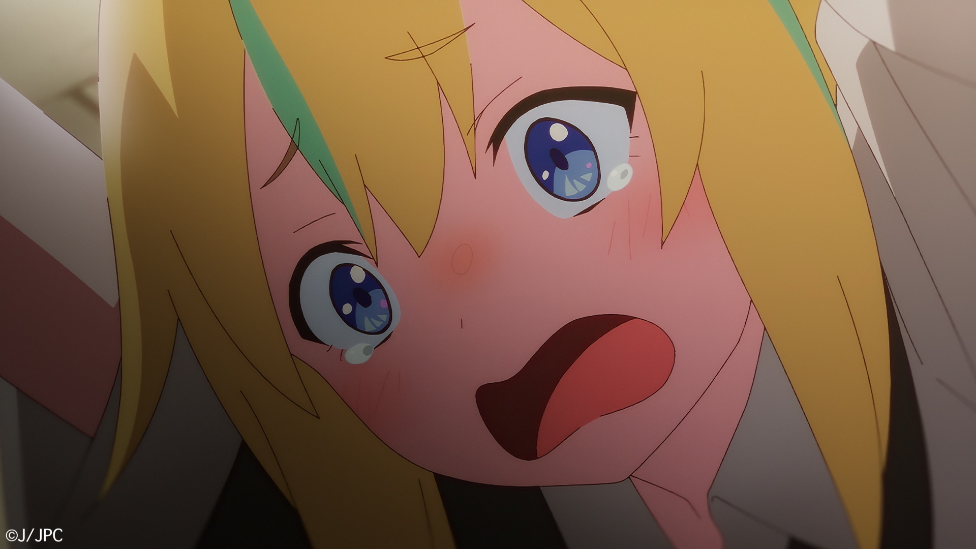 Anime character with blond hair and blue eyes showing a surprised expression, from Jellyfish Can’t Swim in the Night series, suitable as an HD desktop wallpaper.