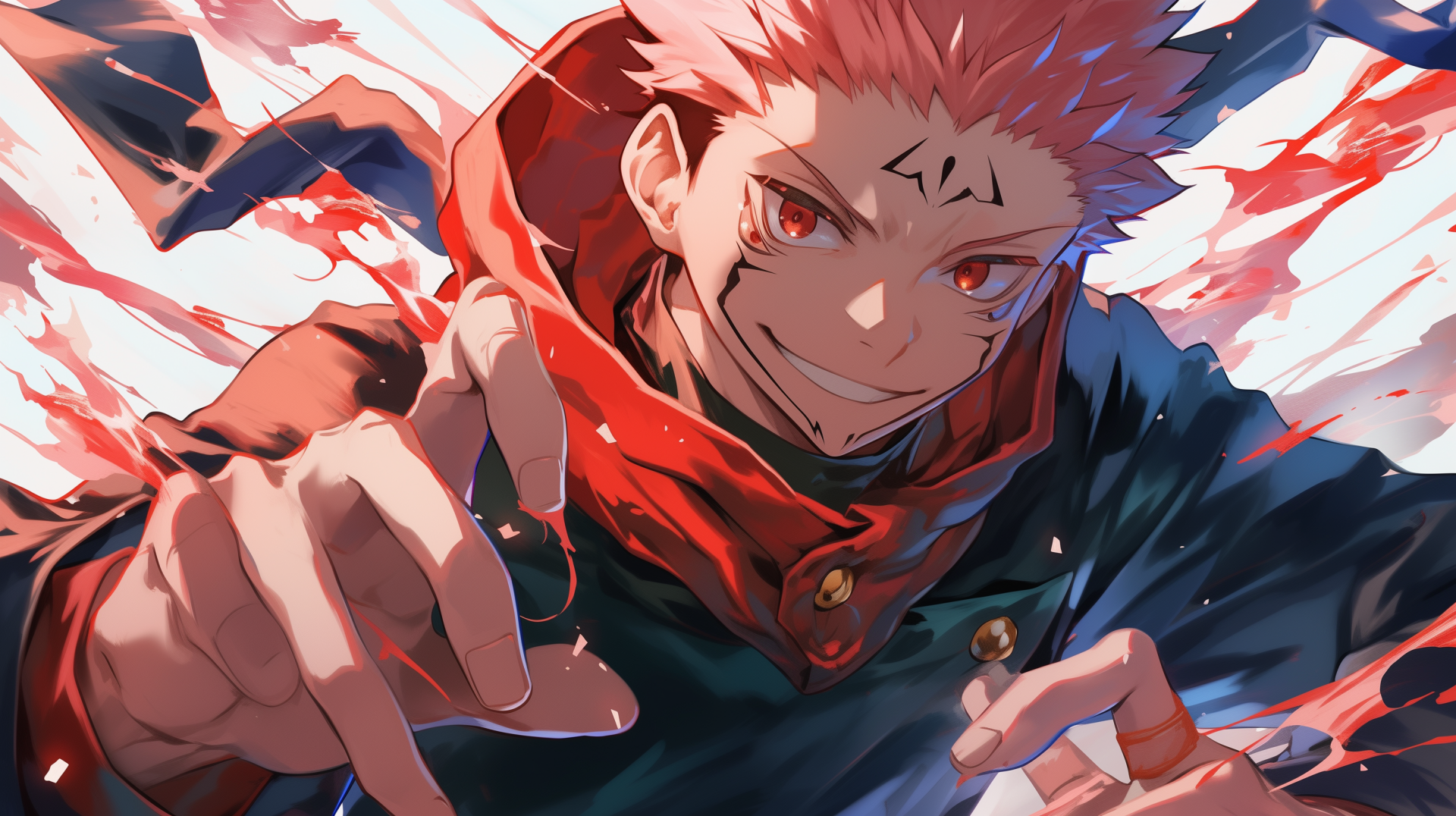 HD desktop wallpaper featuring Sukuna from Jujutsu Kaisen anime with dynamic red and blue hues, showcasing the character's menacing smile and intense gaze.