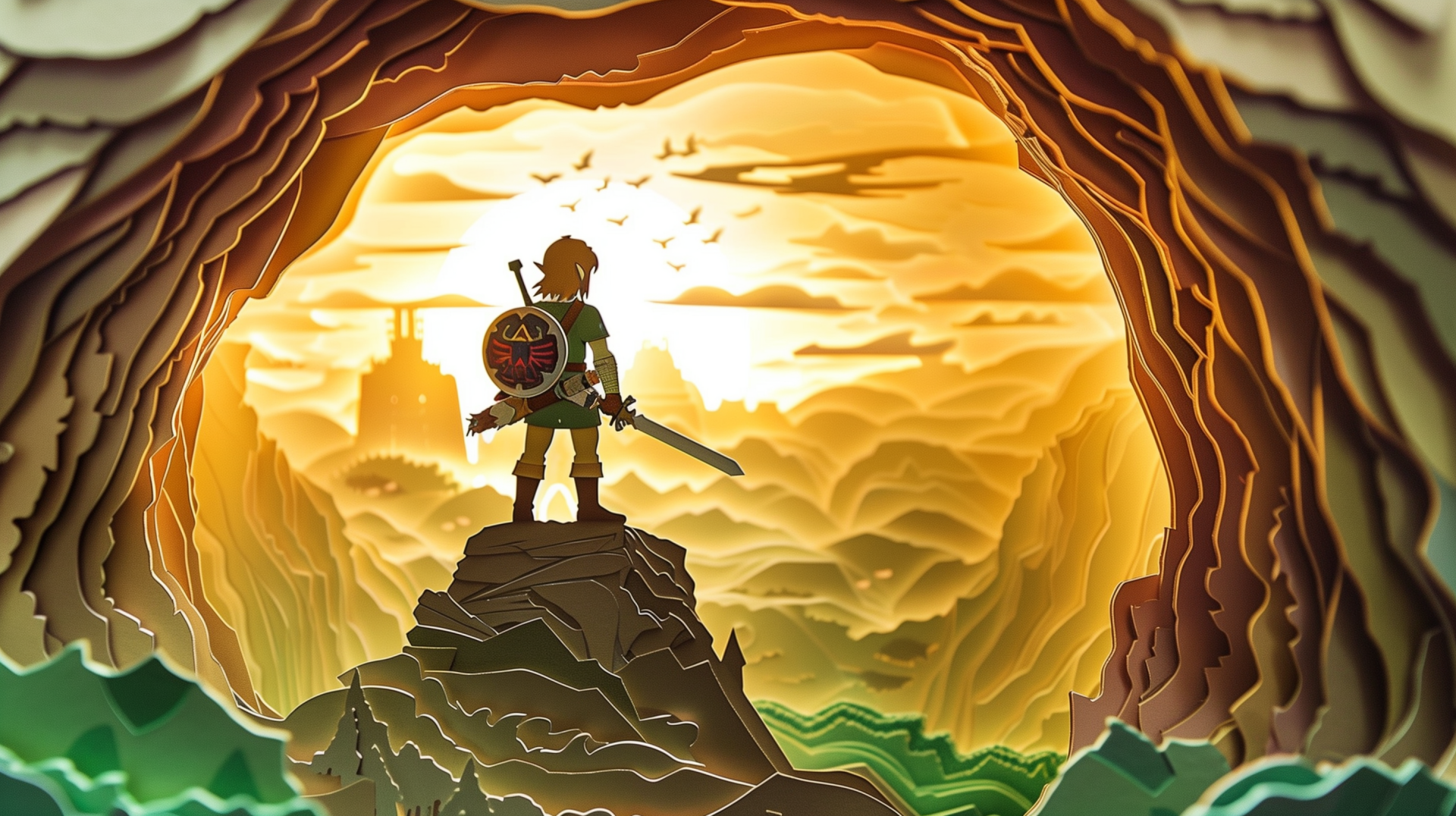 HD wallpaper featuring the character Link from The Legend of Zelda standing heroically in a cave opening, with a golden sunset and the silhouette of Hyrule in the background.