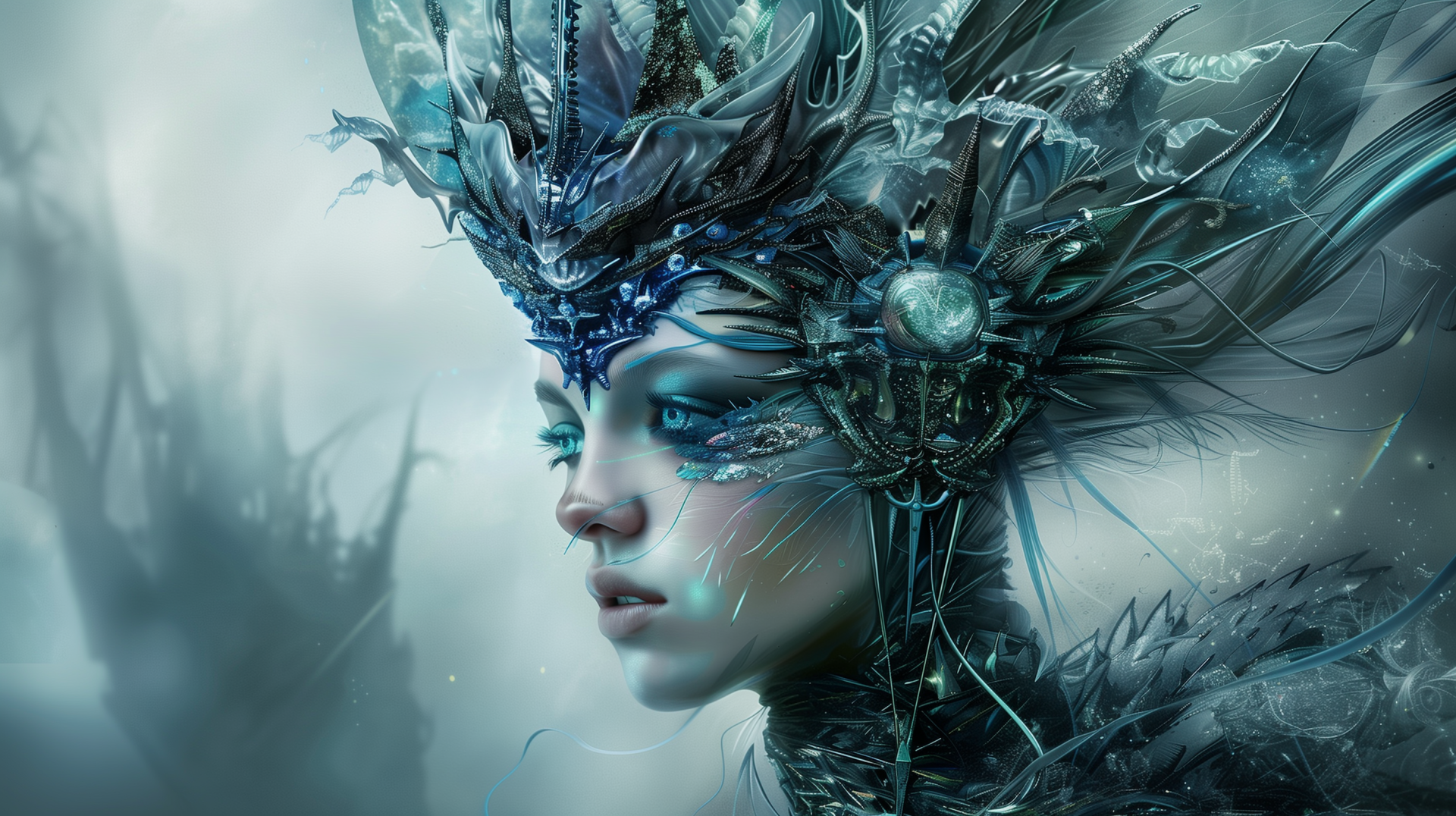 HD desktop wallpaper of a sci-fi themed queen with an intricate crystalline crown and matching adornments, set against a misty blue background.