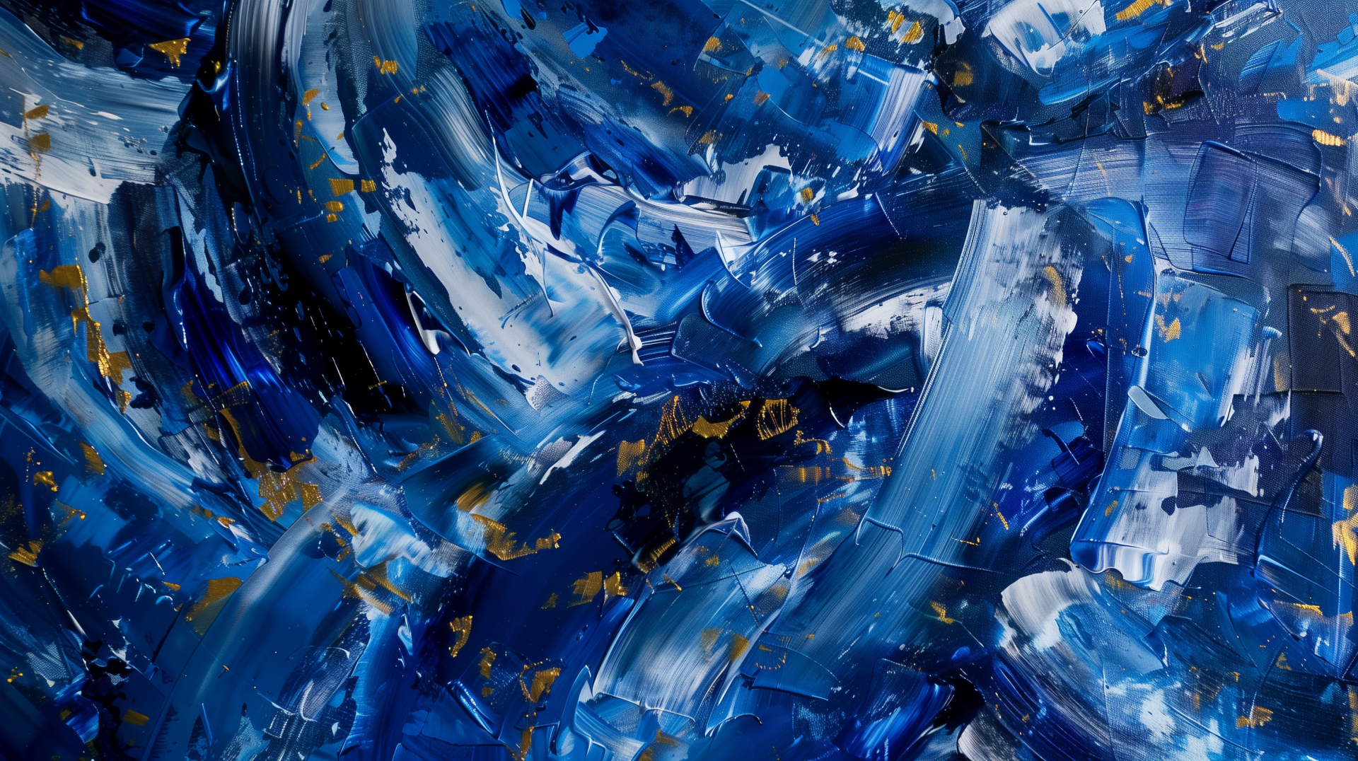 HD desktop wallpaper featuring an abstract painting with swirling blue and white brush strokes accented by touches of gold paint.