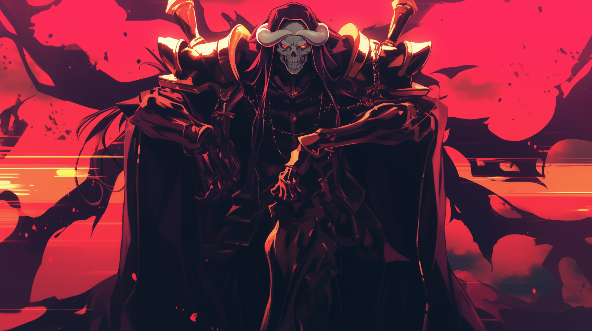 HD desktop wallpaper featuring the anime character Ainz Ooal Gown from Overlord, set against a red and black abstract background.