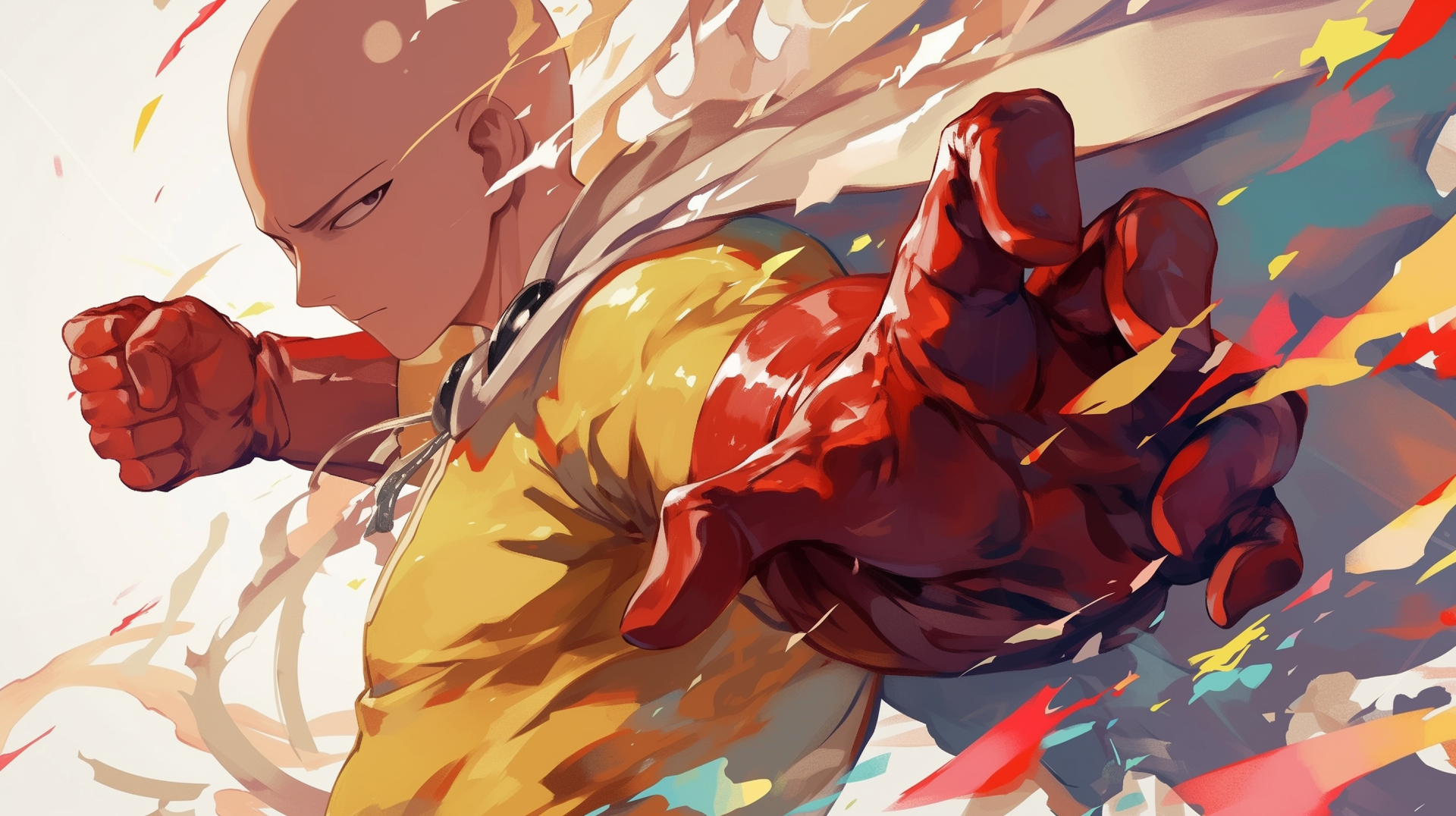 HD desktop wallpaper featuring Saitama from One-Punch Man in a dynamic pose with a colorful, abstract background.