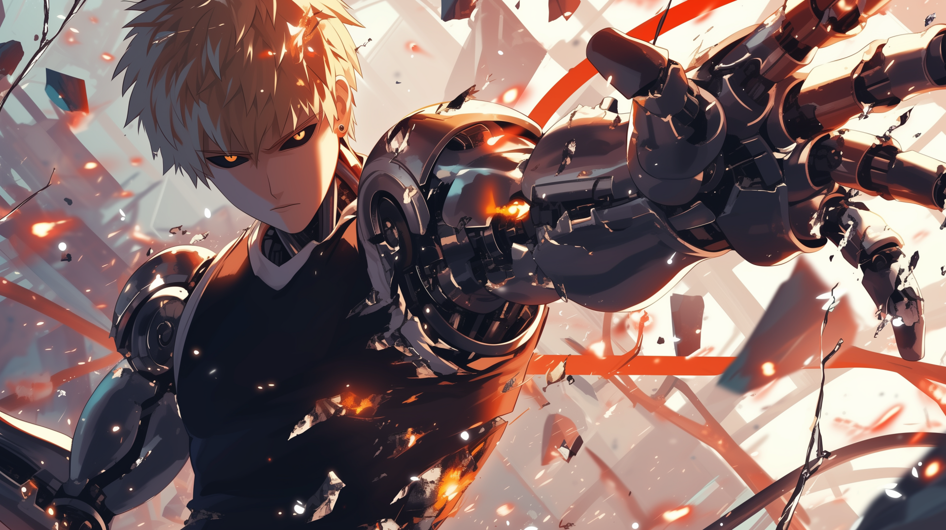 HD wallpaper of Genos from One-Punch Man anime, depicted with mechanical limbs and intense eyes amid dynamic shards and sparks, conveying action and power.