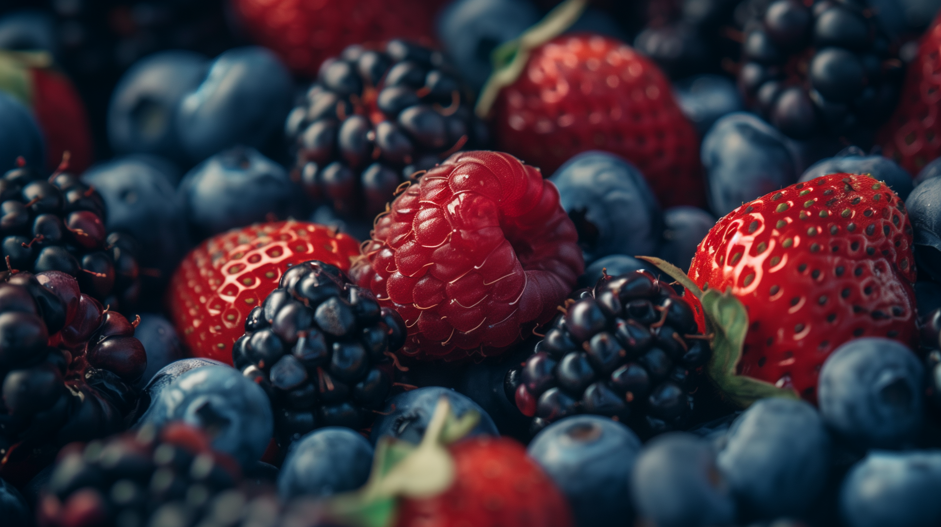 HD wallpaper featuring a close-up of an assortment of fresh berries, including blueberries, strawberries, and blackberries.