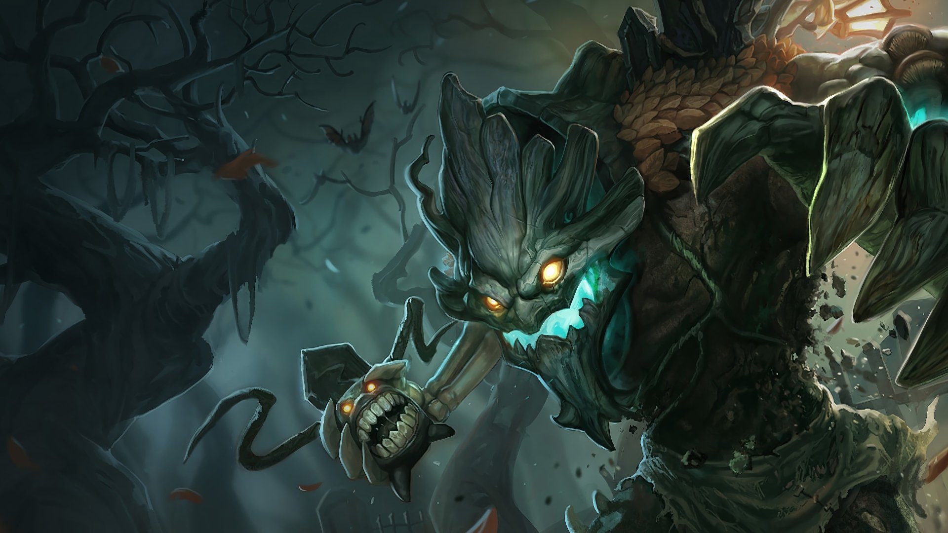 HD desktop wallpaper depicting Maokai, the twisted treant champion from the video game League of Legends, set against a moody, forested backdrop.