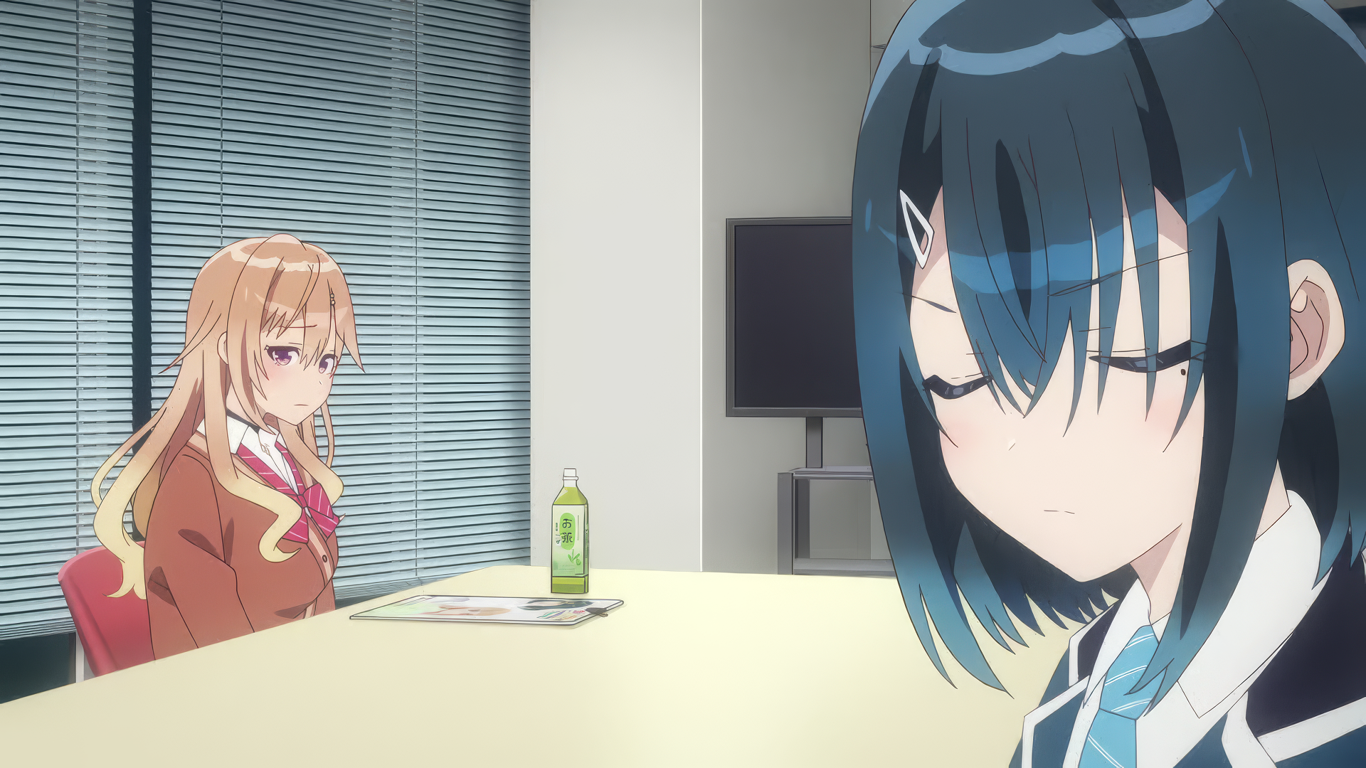 HD anime wallpaper featuring two characters from The Many Sides of Voice Actor Radio, sitting at a table in a room with a muted color palette.